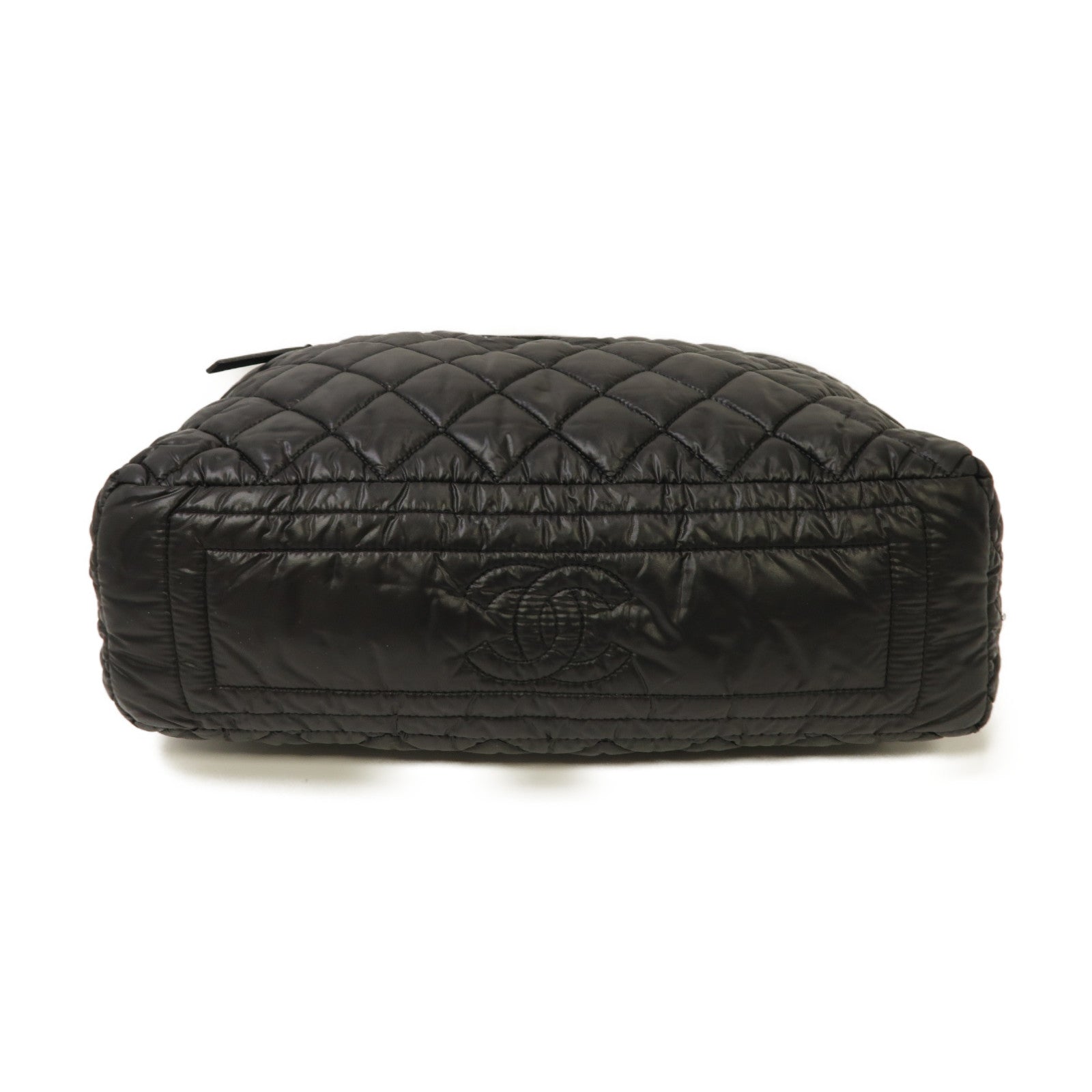 CHANEL 菱格尼龍Shoulder Bag銀扣肩背袋黑色
