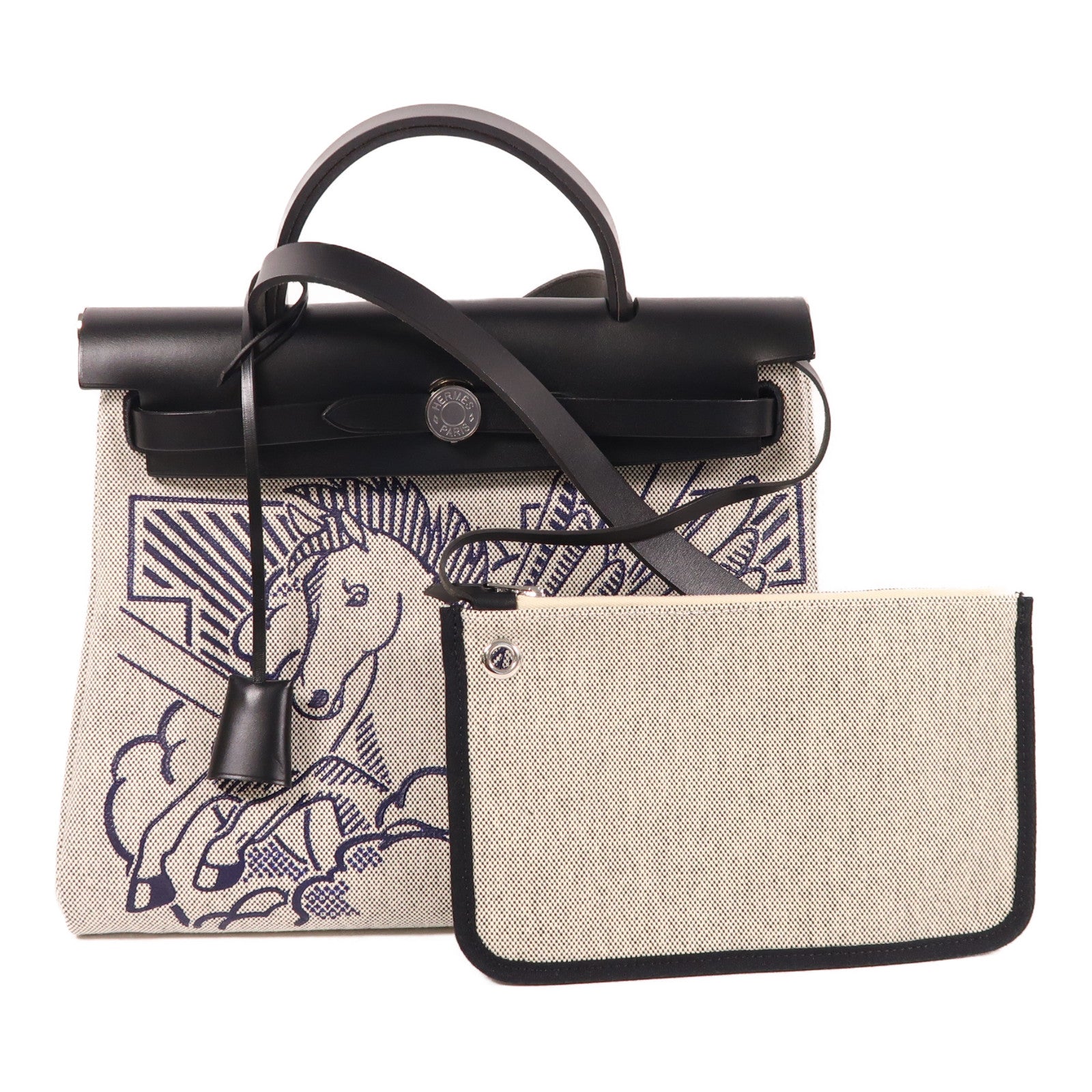 HERMES 帆布Herbag PM Retourne Pegase Pop銀扣 手挽肩背兩用袋黑色/藍色