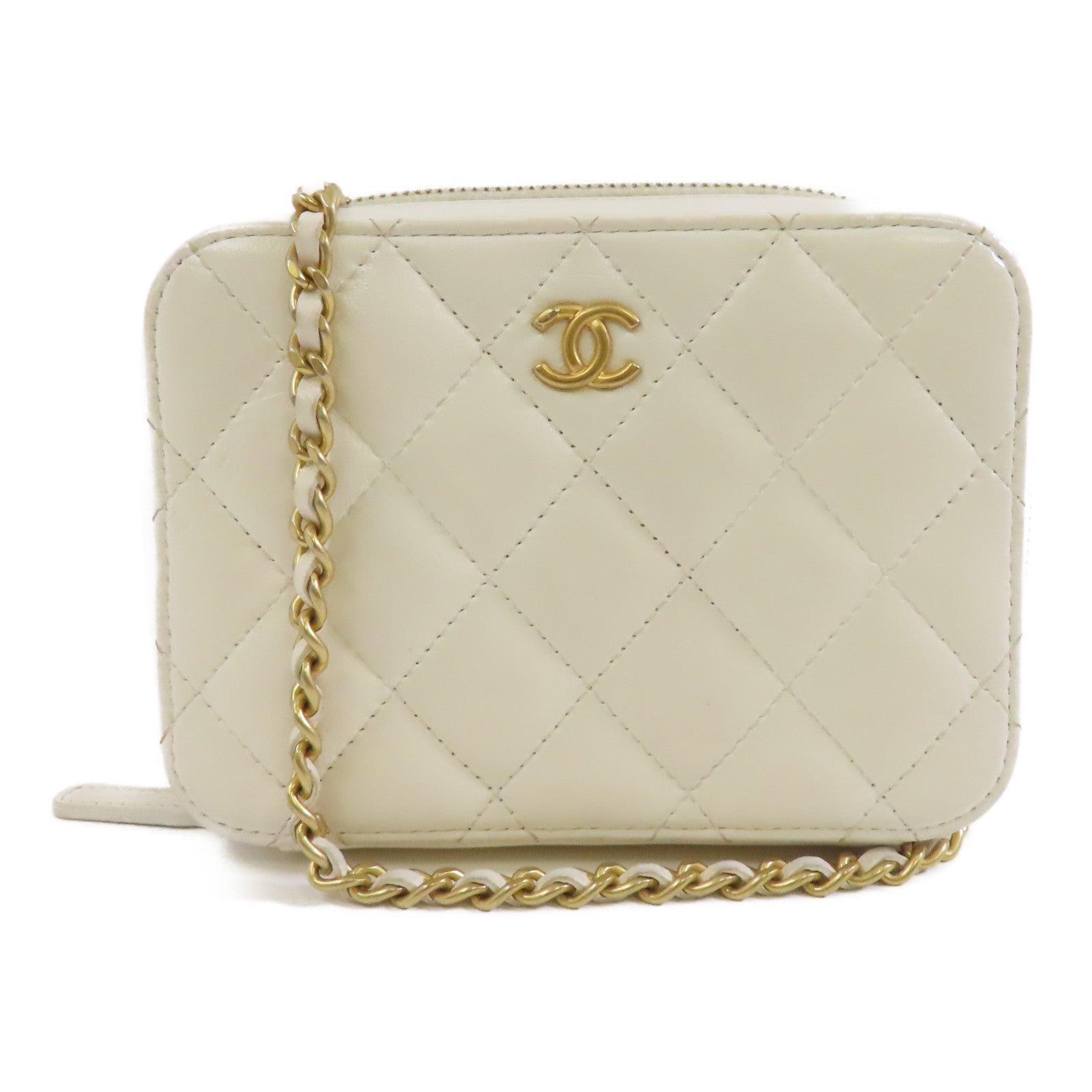 CHANEL 菱格羊皮皮革Camera Case金扣鏈帶肩背袋白色