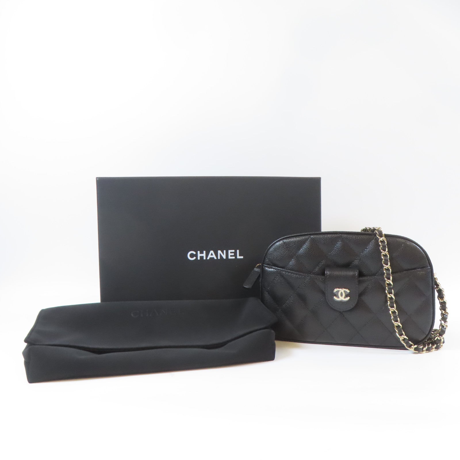 CHANEL 【激減優惠】菱格Caviar皮革Chain Shoulder銀扣鏈帶肩背袋黑色