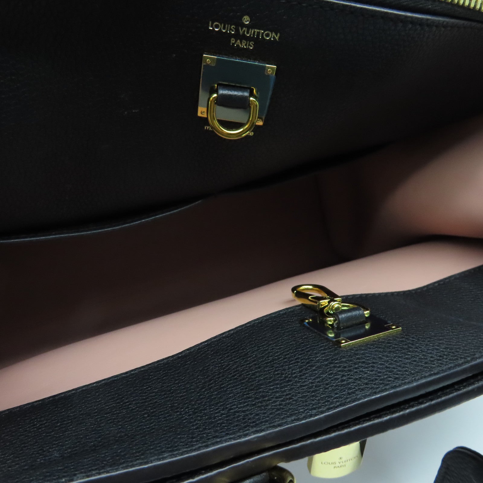 LOUIS VUITTON Leather City Steames MM Gold Buckle Tote Bag Black/Pink (Without Shoulder Strap)