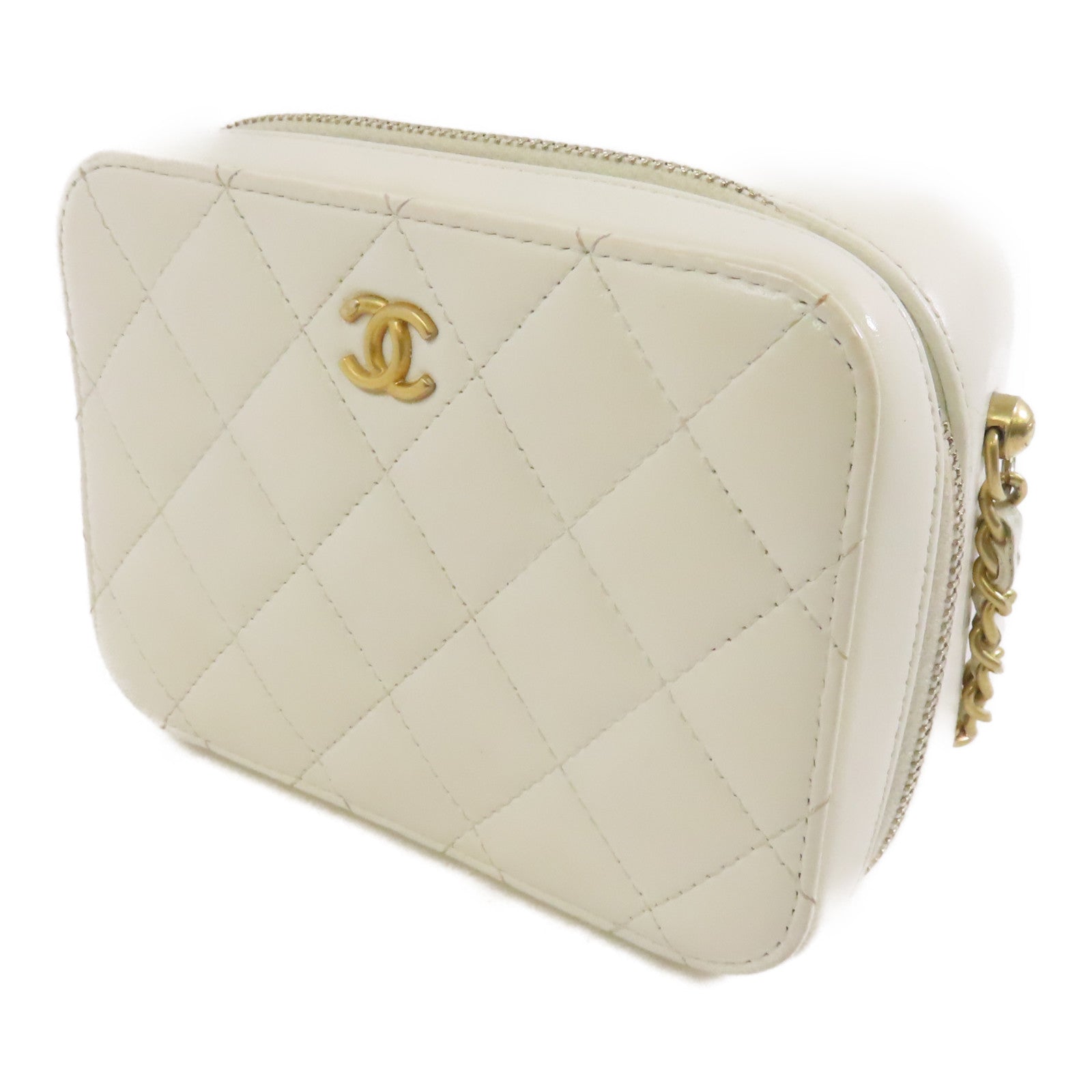 CHANEL 菱格羊皮皮革Camera Case金扣鏈帶肩背袋白色
