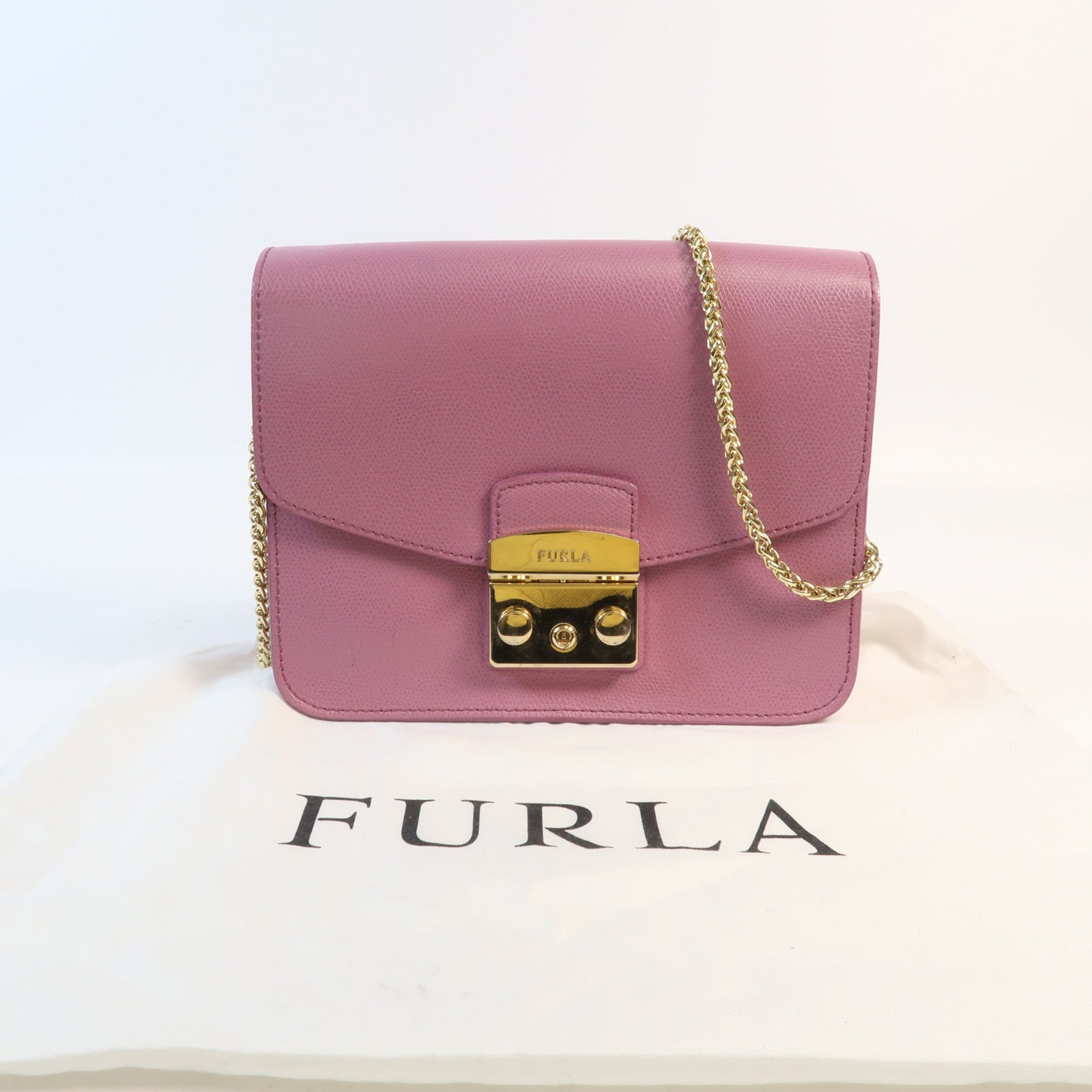 Furla 牛皮皮革Chain Shoulder金扣鏈帶肩背袋