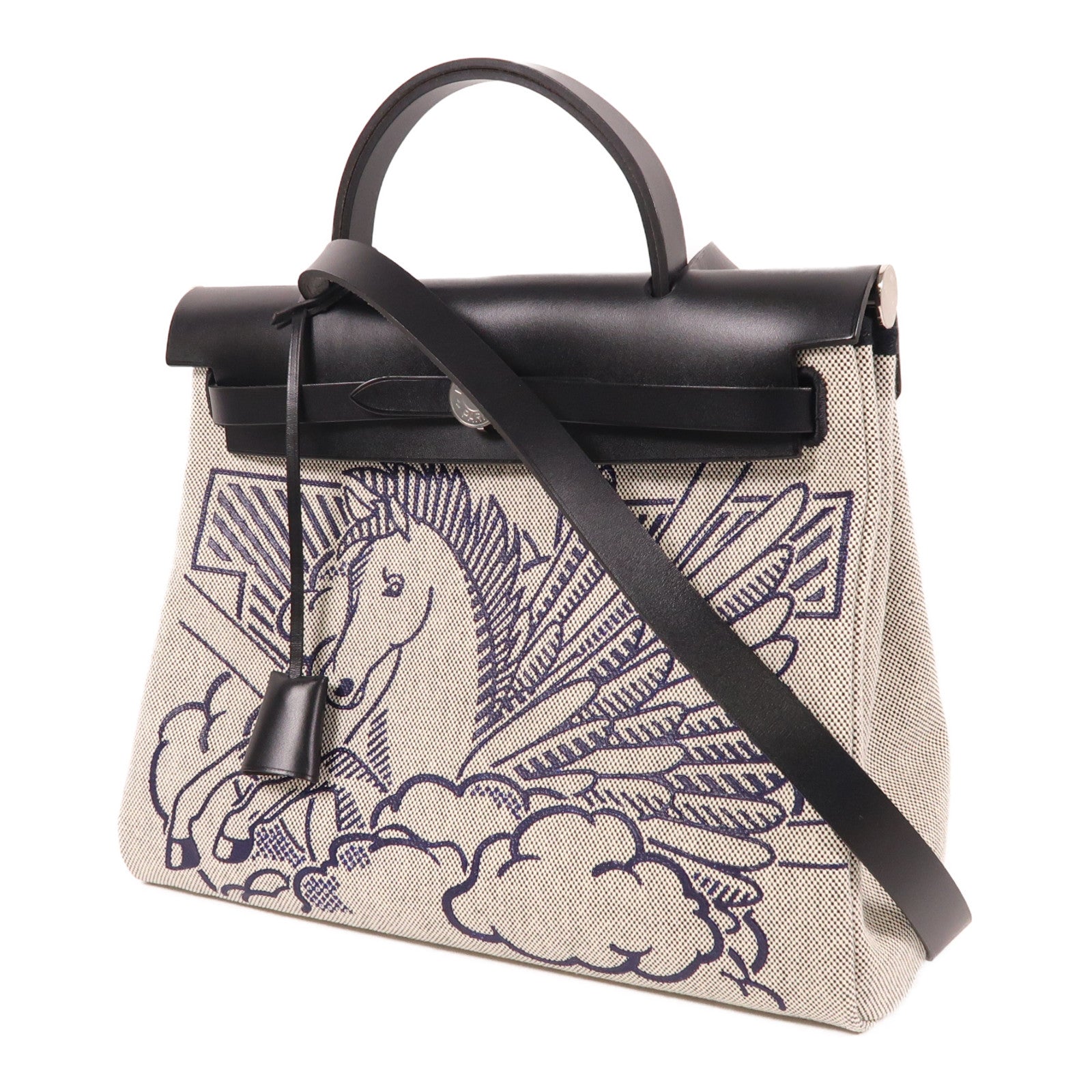 HERMES 帆布Herbag PM Retourne Pegase Pop銀扣 手挽肩背兩用袋黑色/藍色