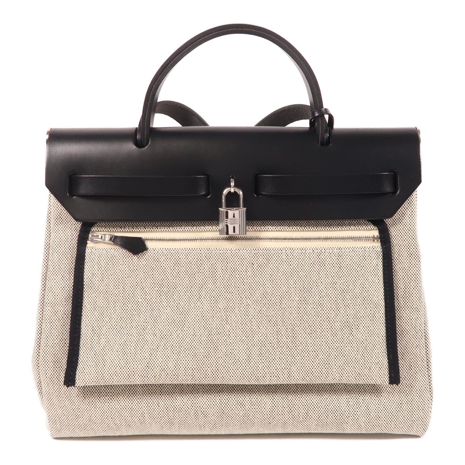 HERMES 帆布Herbag PM Retourne Pegase Pop銀扣 手挽肩背兩用袋黑色/藍色