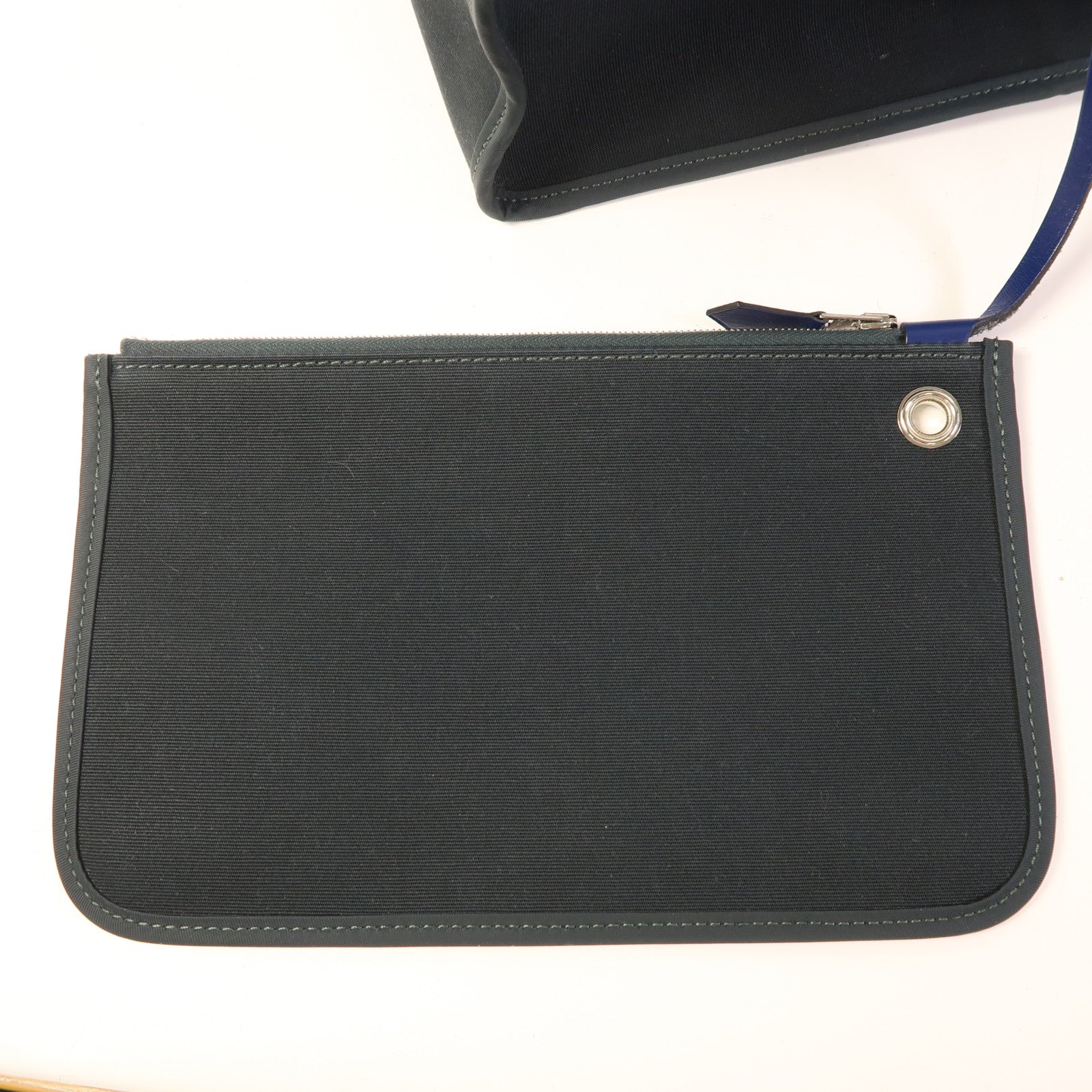 HERMES 帆布Herbag PM銀扣手挽肩背兩用袋Vert Cypress/Bleu Saphir