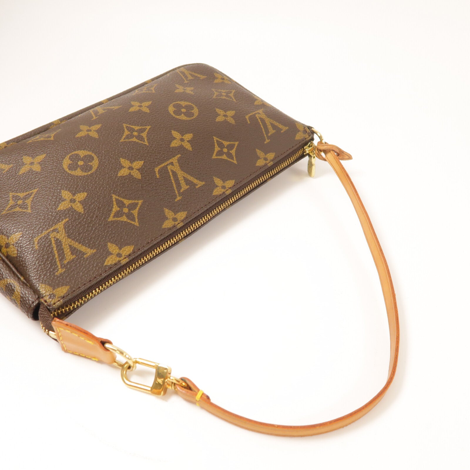 LOUIS VUITTON Monogram Pochette Accessoires金扣手挽袋棕色