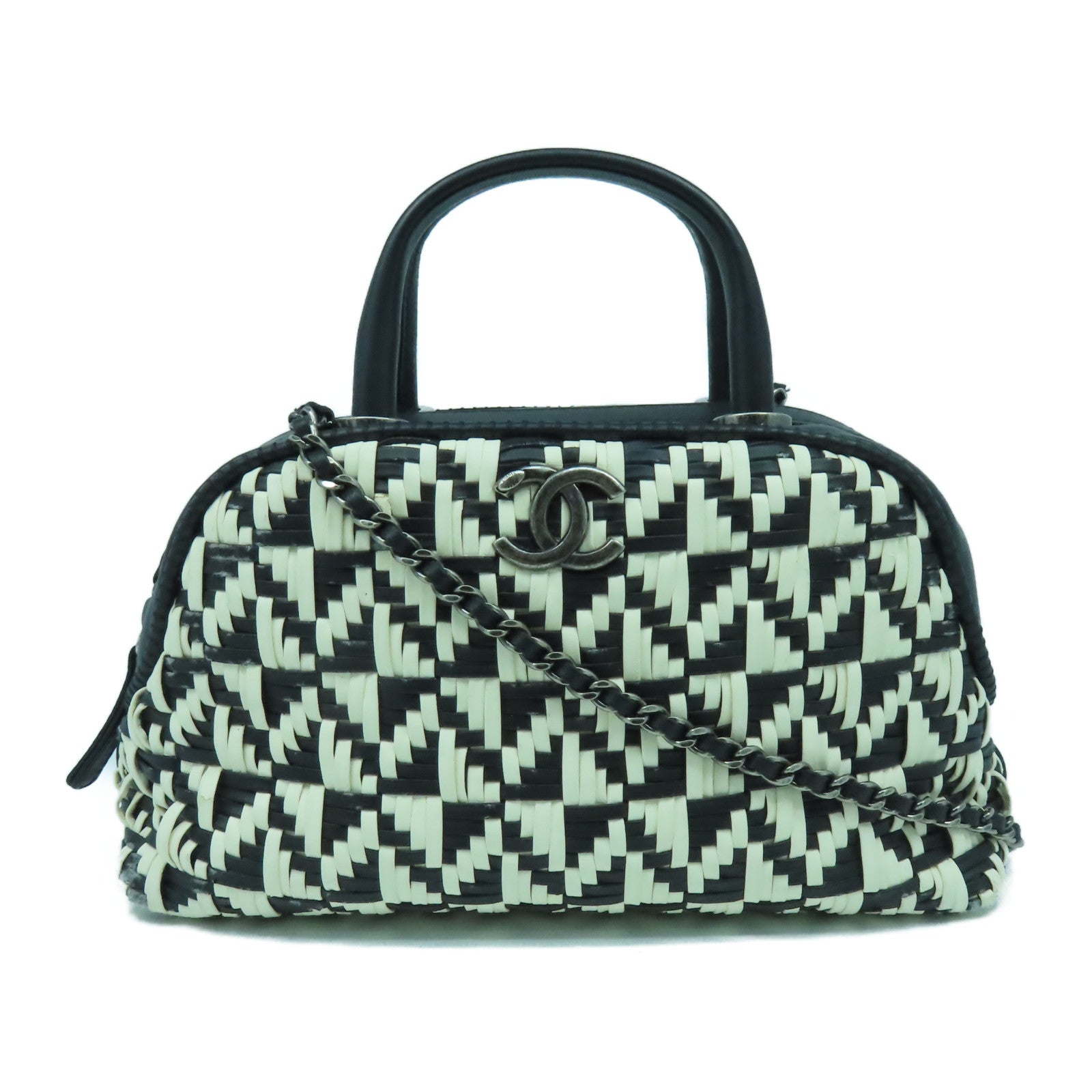CHANEL 【激減優惠】織紋皮革Bowling 2way Bag手挽肩背兩用袋黑色/白色