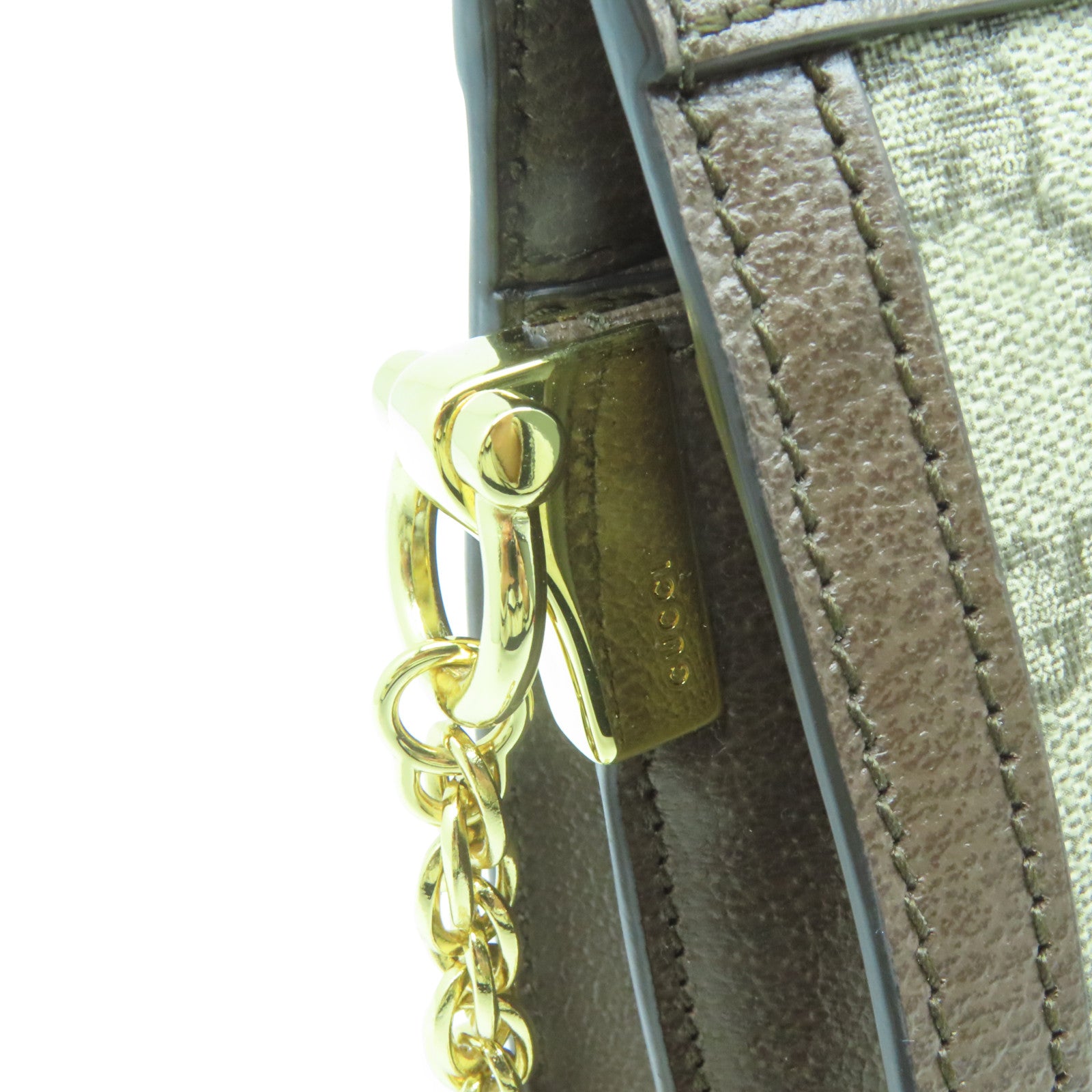 GUCCI 塗層帆布/皮革Ophidia Shoulder Bag金扣鏈帶肩背袋灰色/啡色