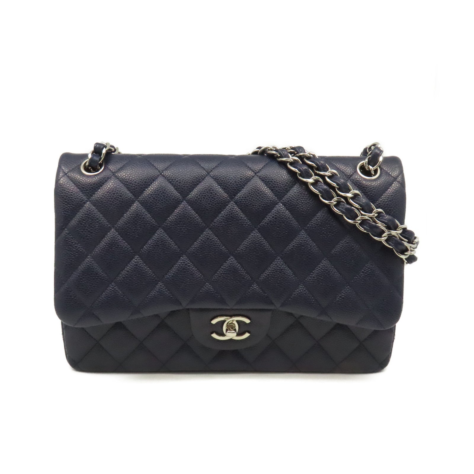 CHANEL 【清倉大減價】菱格Caviar皮革Jumbo Chain Shoulder Bag銀扣鏈帶肩背袋寶藍色