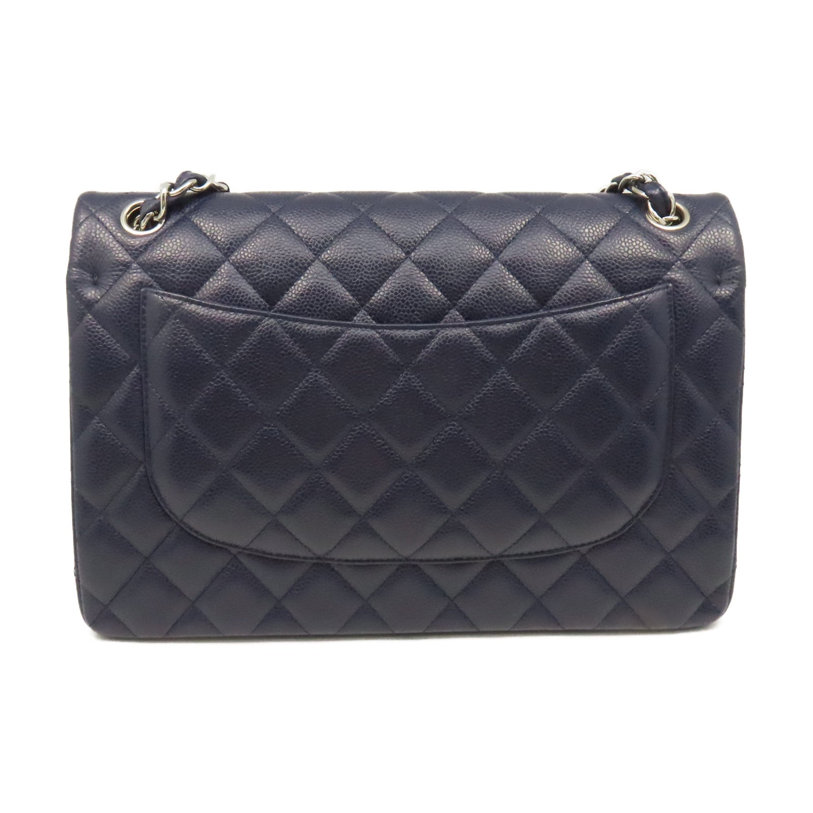 CHANEL 【清倉大減價】菱格Caviar皮革Jumbo Chain Shoulder Bag銀扣鏈帶肩背袋寶藍色