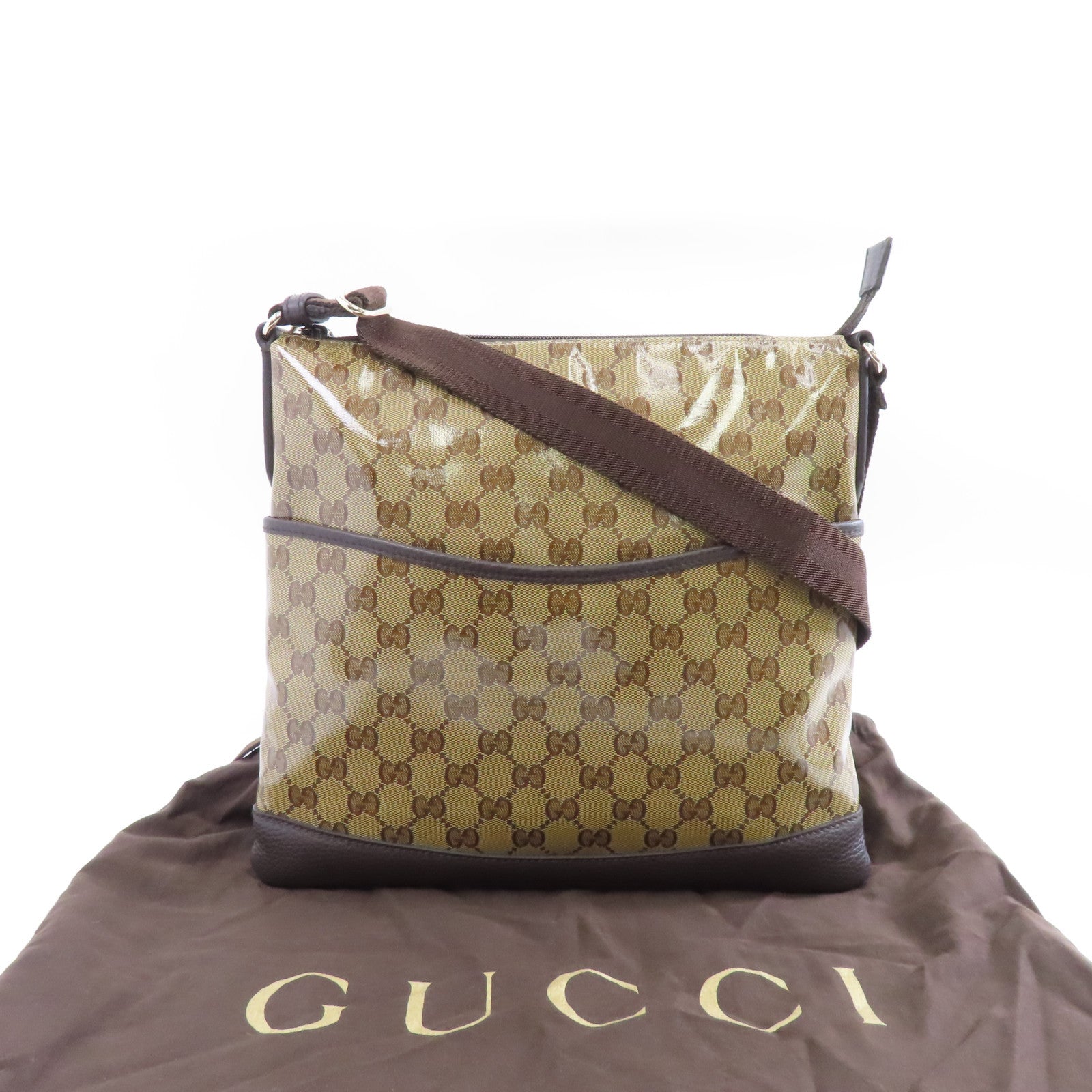 GUCCI 塗層帆布Shoulder Bag金扣肩背袋棕色