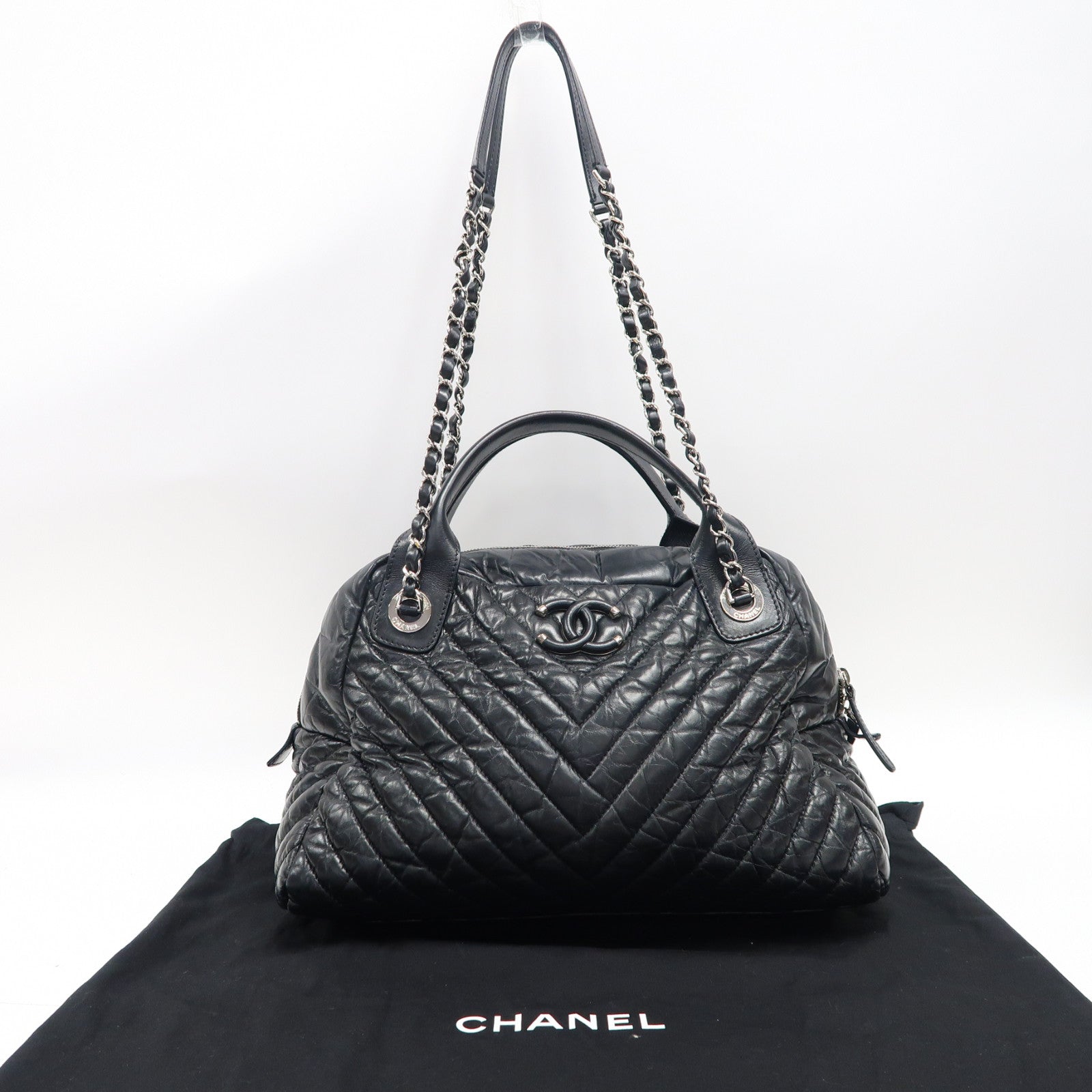 CHANEL 斜紋牛皮皮革Shoulder Bag銀扣手挽肩背兩用袋黑色