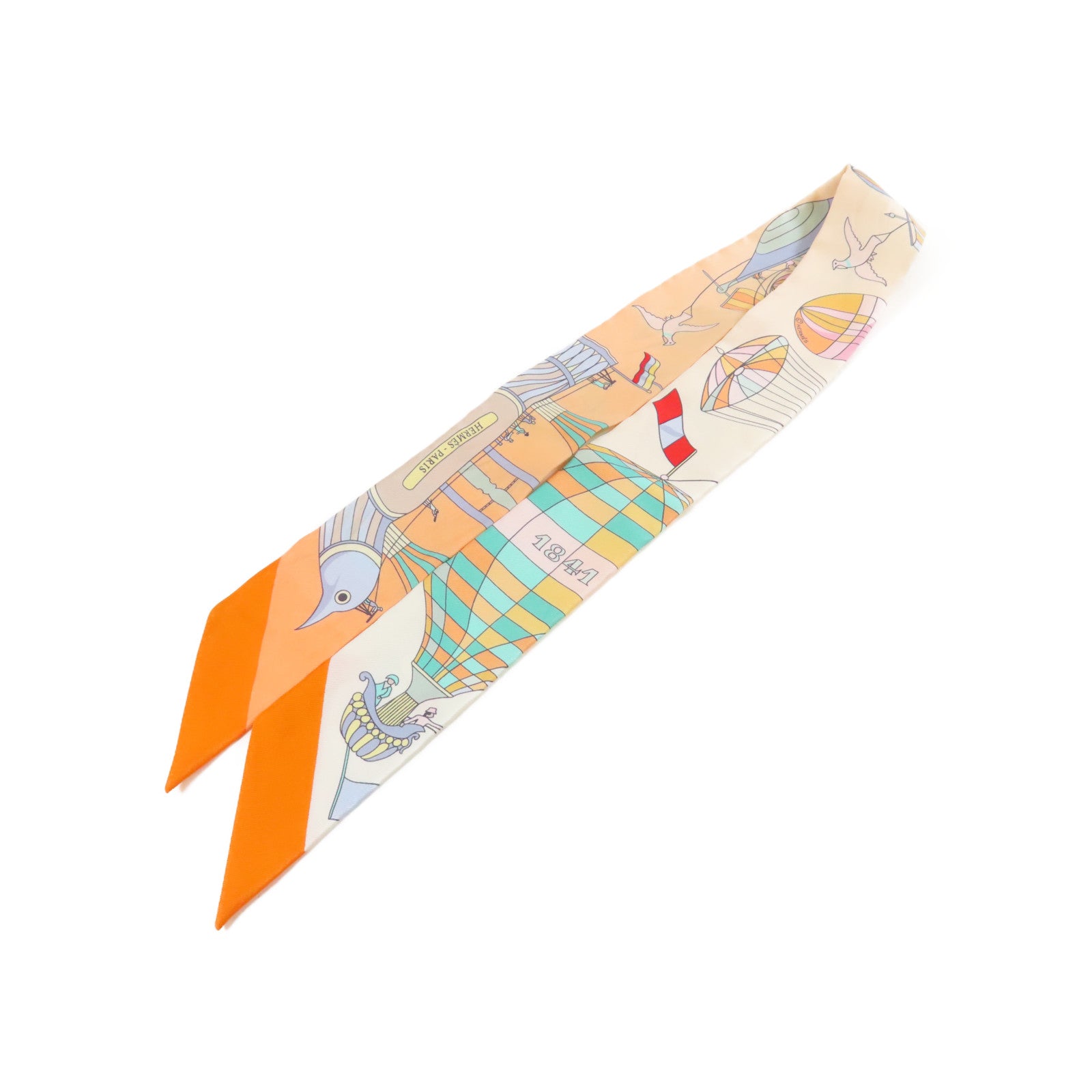 HERMES 【激減優惠】絲質Twilly絲巾橙色/米色/綠色