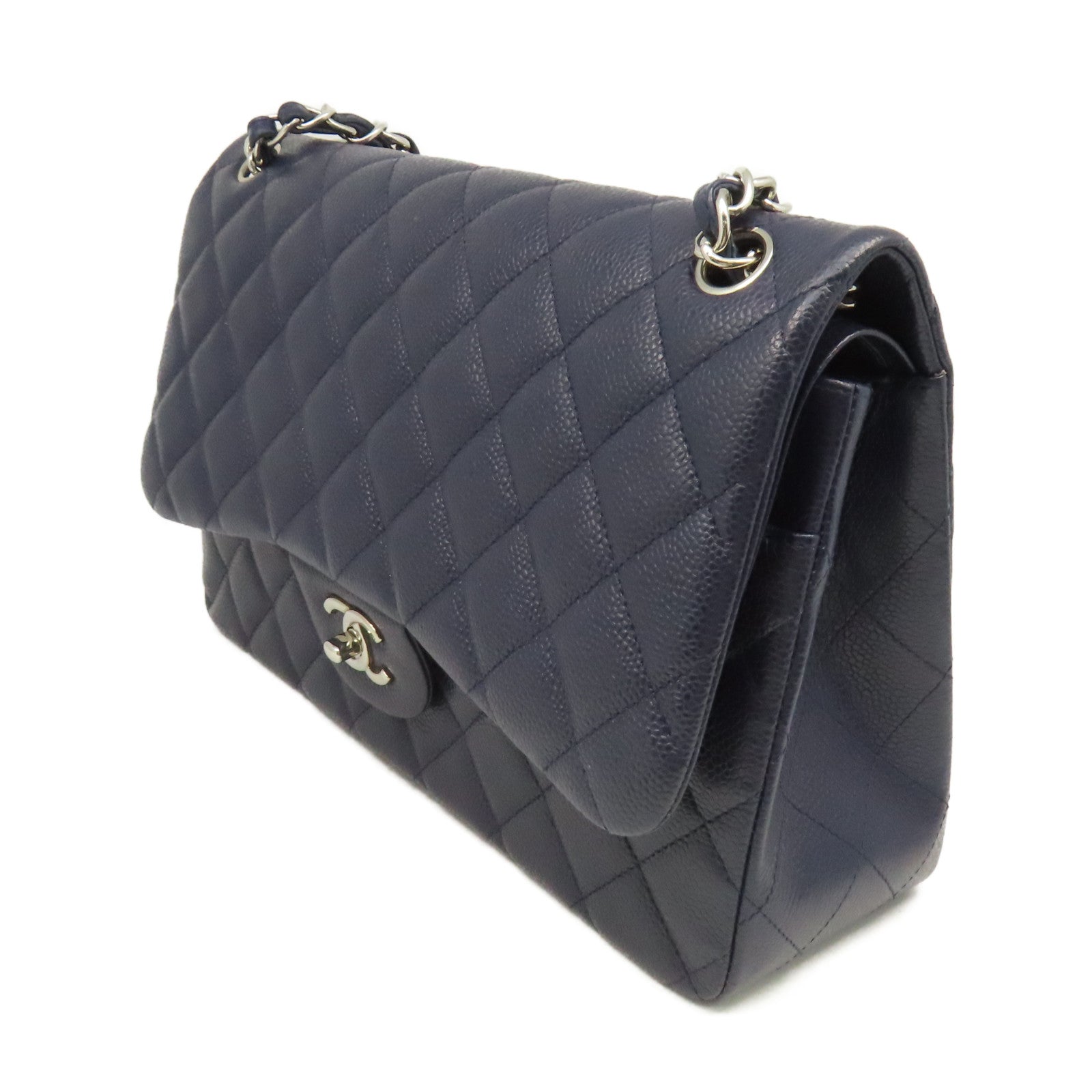 CHANEL 【清倉大減價】菱格Caviar皮革Jumbo Chain Shoulder Bag銀扣鏈帶肩背袋寶藍色