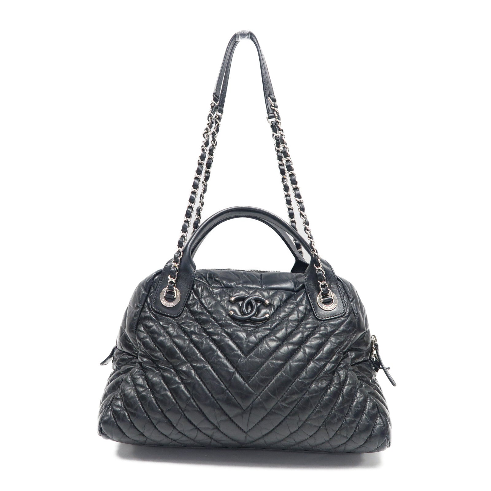 CHANEL 斜紋牛皮皮革Shoulder Bag銀扣手挽肩背兩用袋黑色