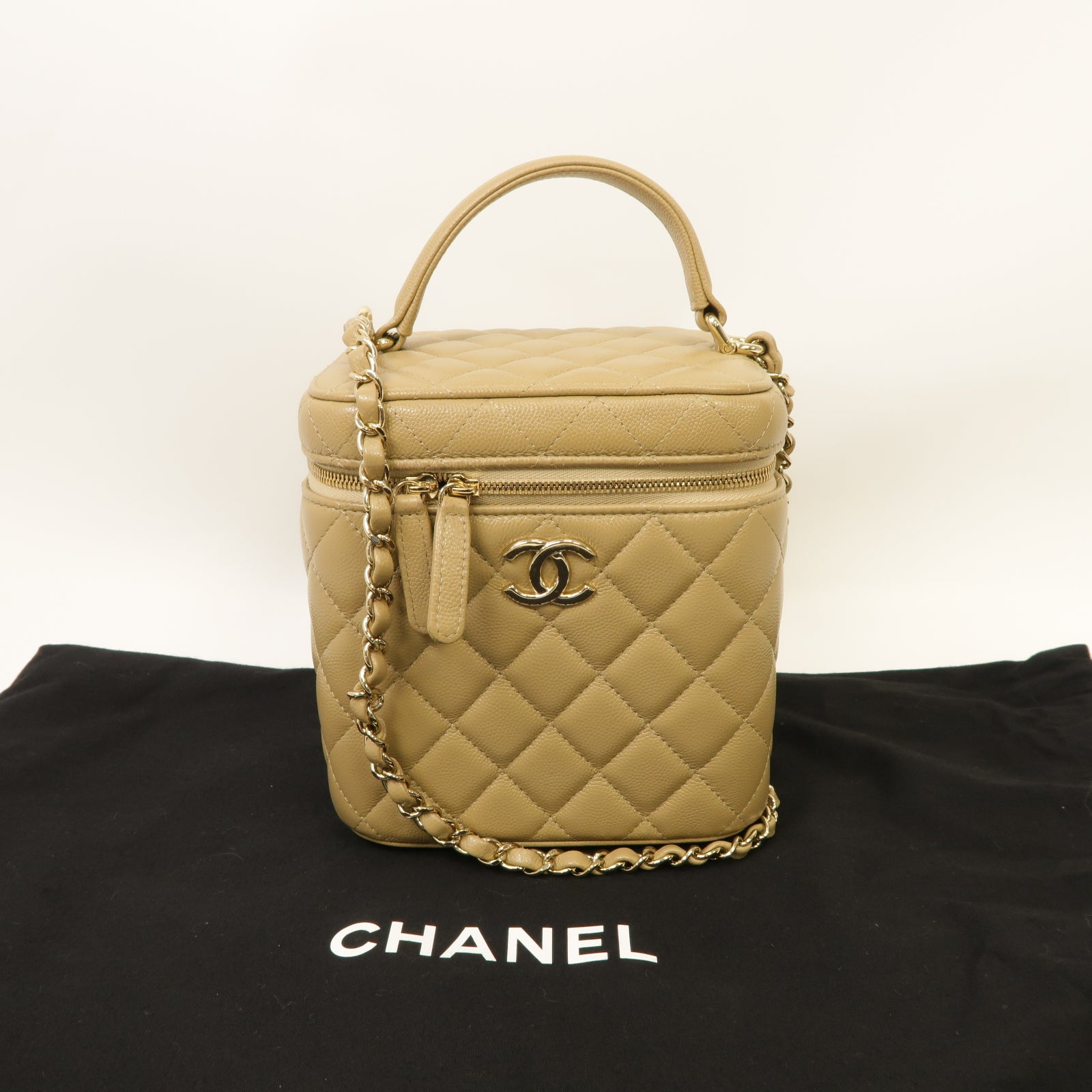 CHANEL 【激減優惠】菱格Caviar皮革Vanity Case With Chain金扣手挽肩背兩用袋米色