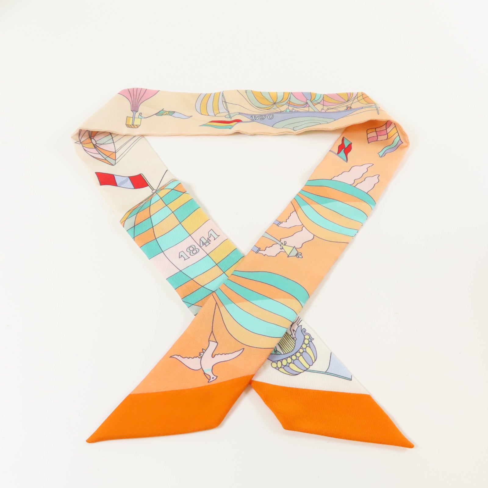 HERMES 【激減優惠】絲質Twilly絲巾橙色/米色/綠色