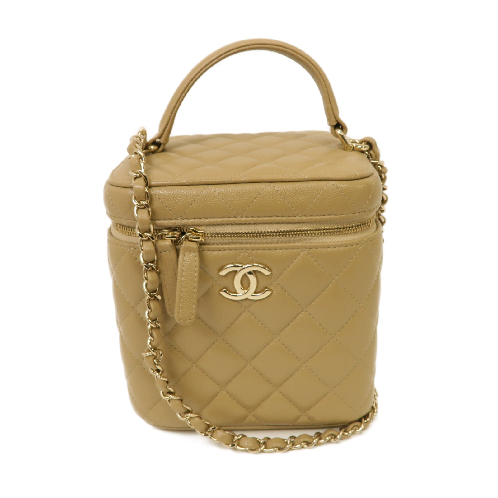 CHANEL 【激減優惠】菱格Caviar皮革Vanity Case With Chain金扣手挽肩背兩用袋米色