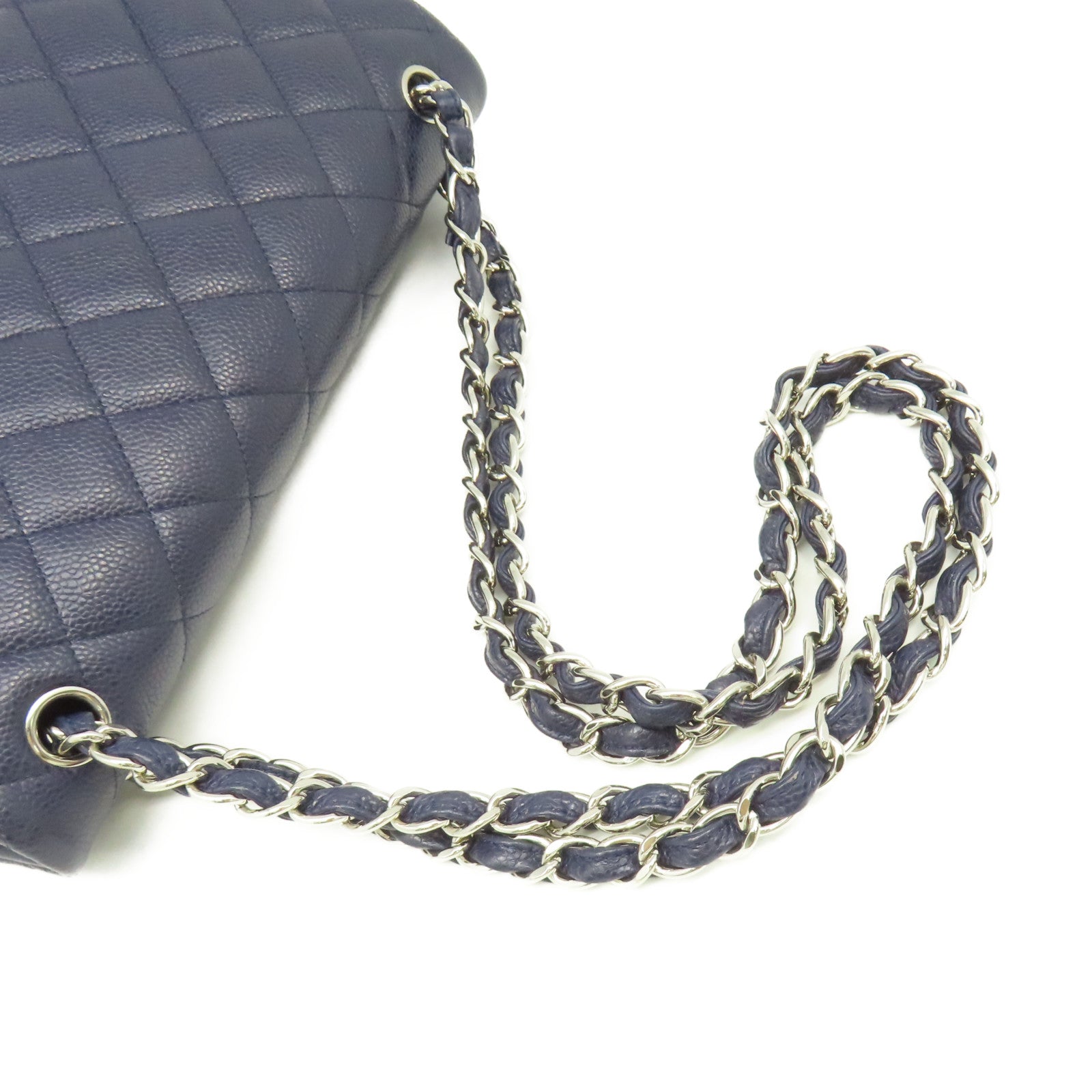 CHANEL 【清倉大減價】菱格Caviar皮革Jumbo Chain Shoulder Bag銀扣鏈帶肩背袋寶藍色