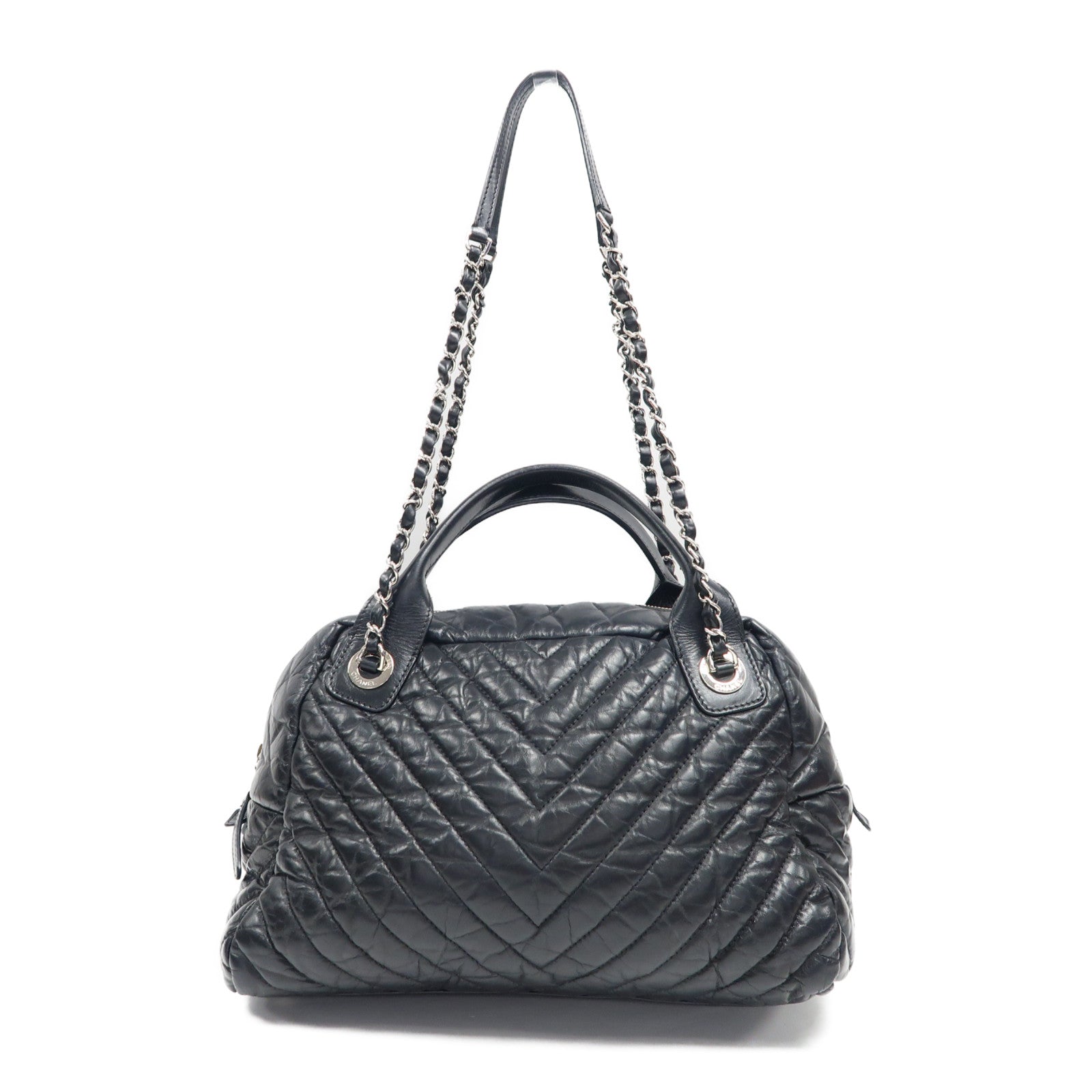 CHANEL 斜紋牛皮皮革Shoulder Bag銀扣手挽肩背兩用袋黑色