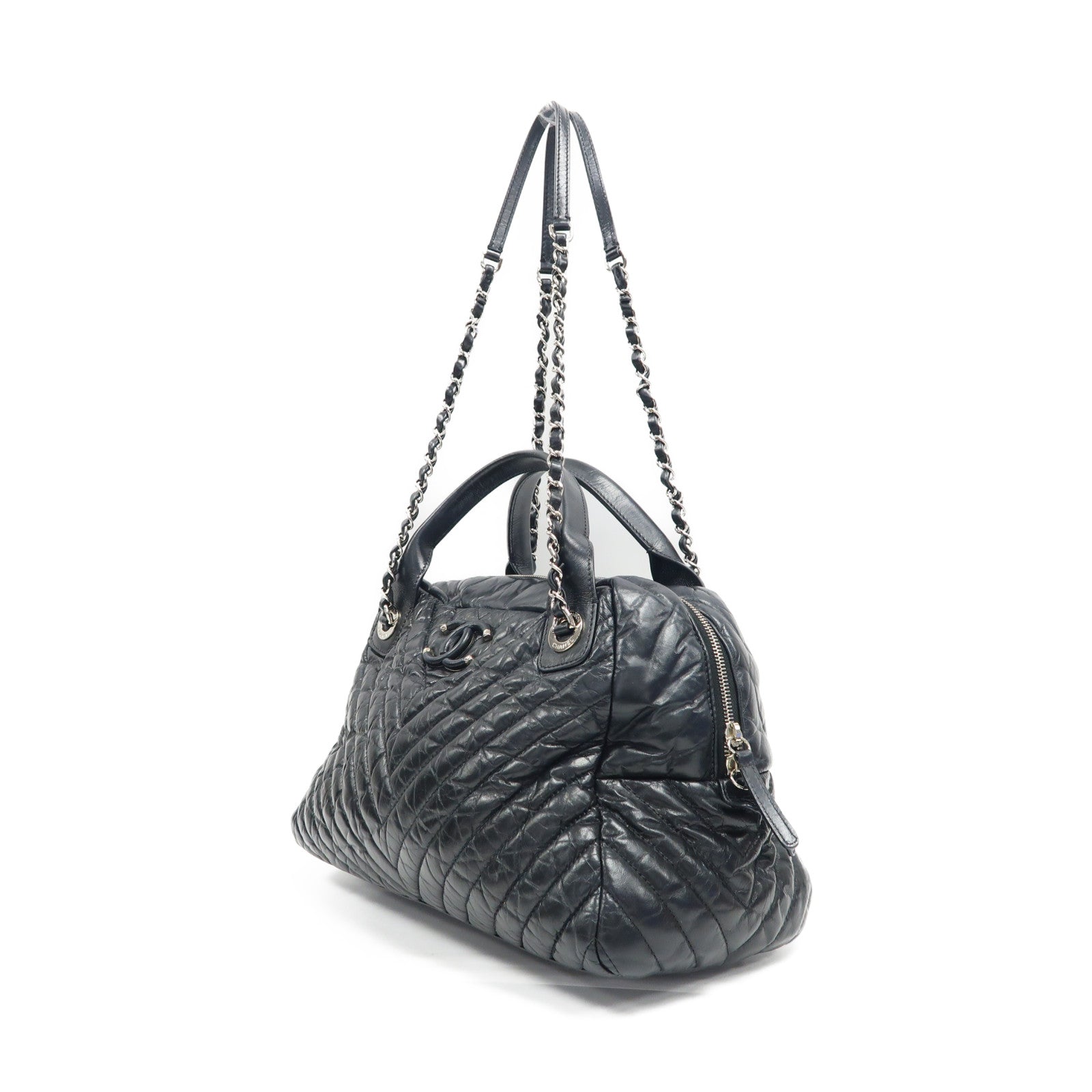 CHANEL 斜紋牛皮皮革Shoulder Bag銀扣手挽肩背兩用袋黑色