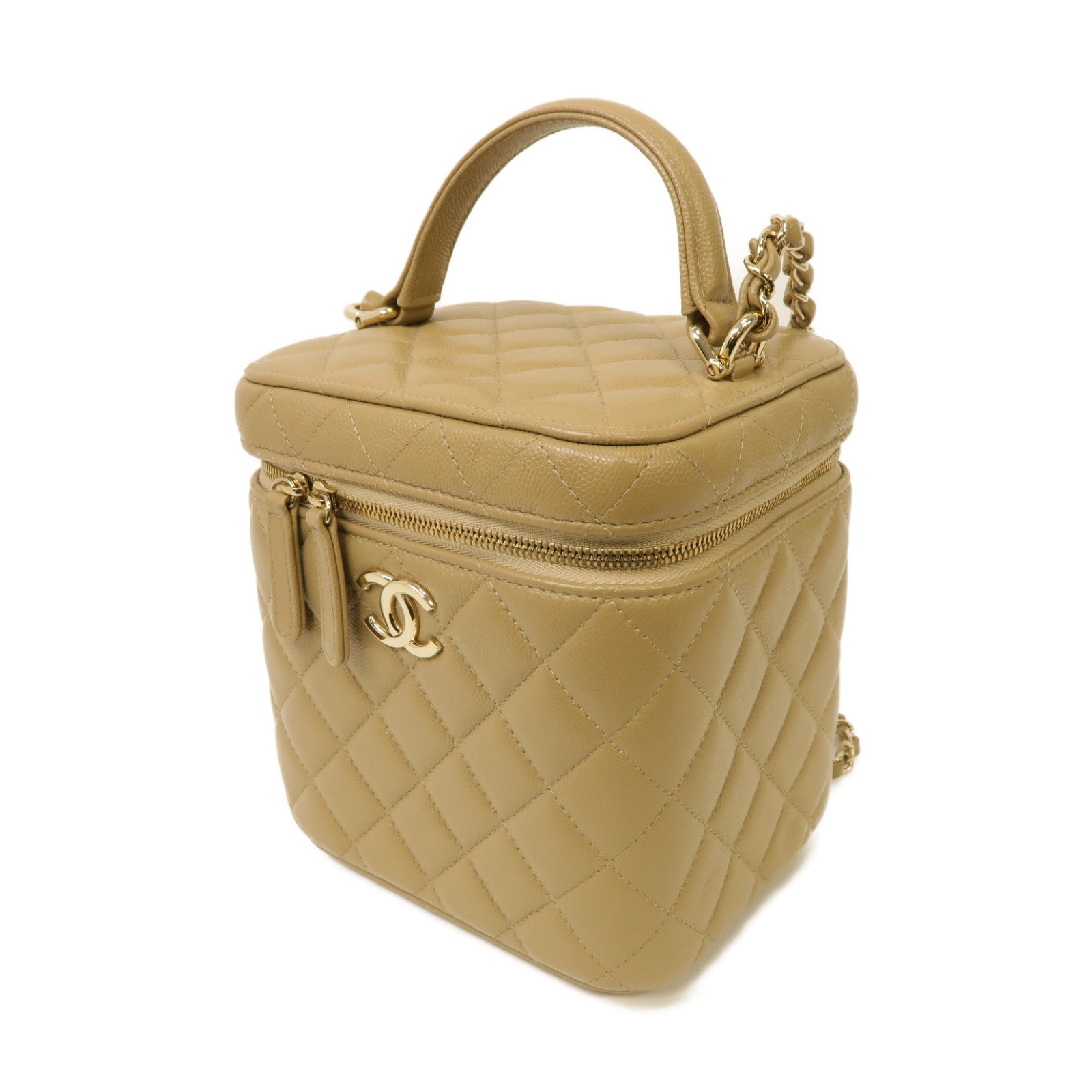 CHANEL 【激減優惠】菱格Caviar皮革Vanity Case With Chain金扣手挽肩背兩用袋米色