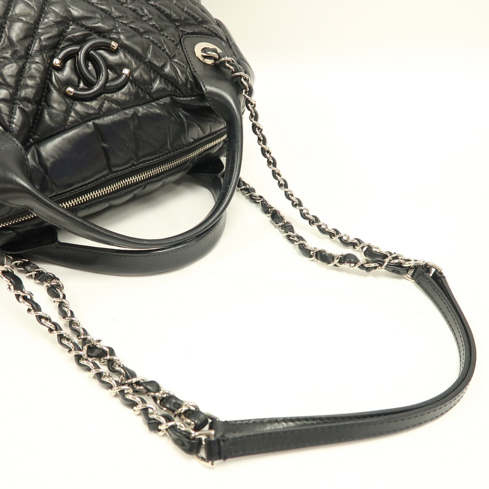 CHANEL 斜紋牛皮皮革Shoulder Bag銀扣手挽肩背兩用袋黑色