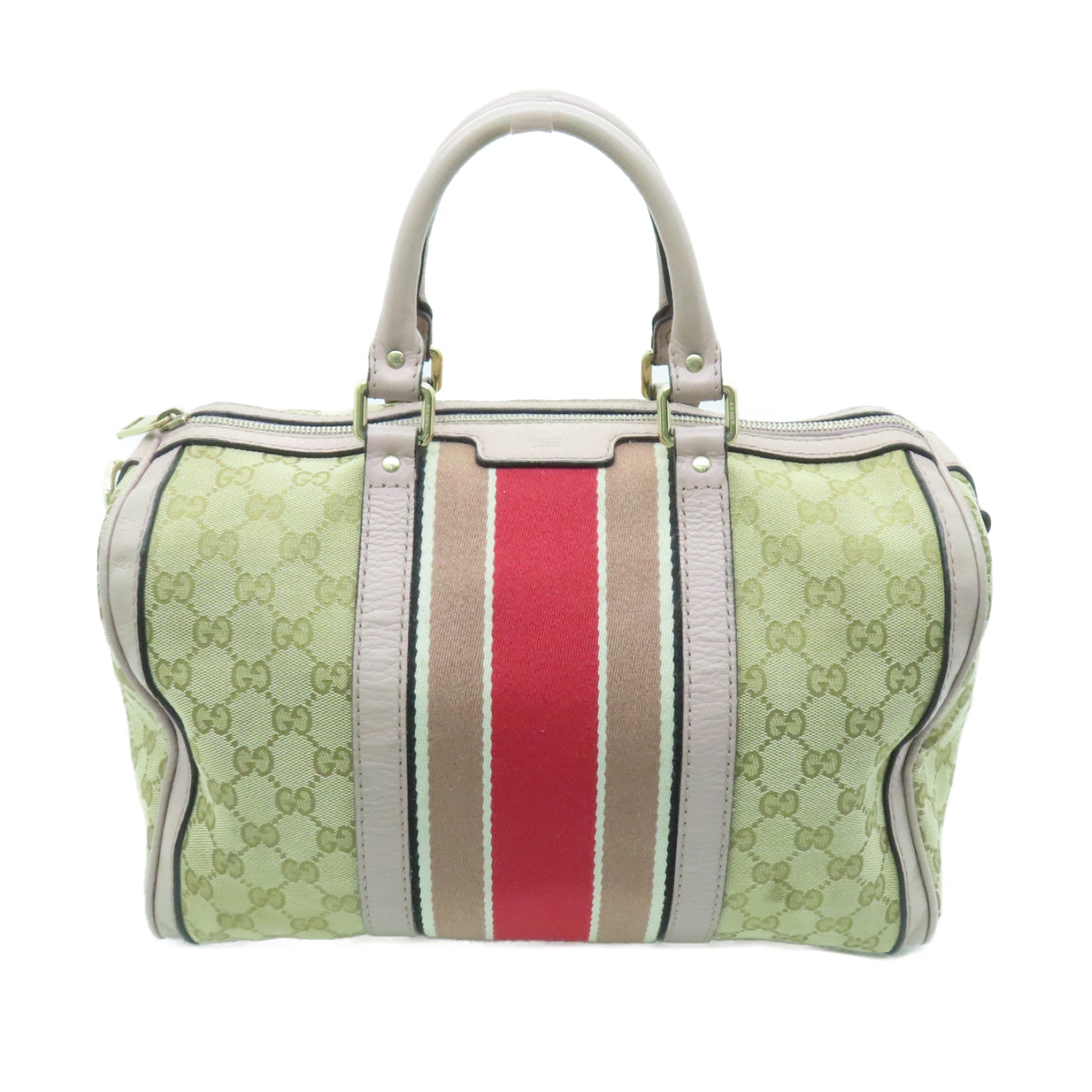 GUCCI 帆布Boston Bag金扣手挽袋米色/浅紫色
