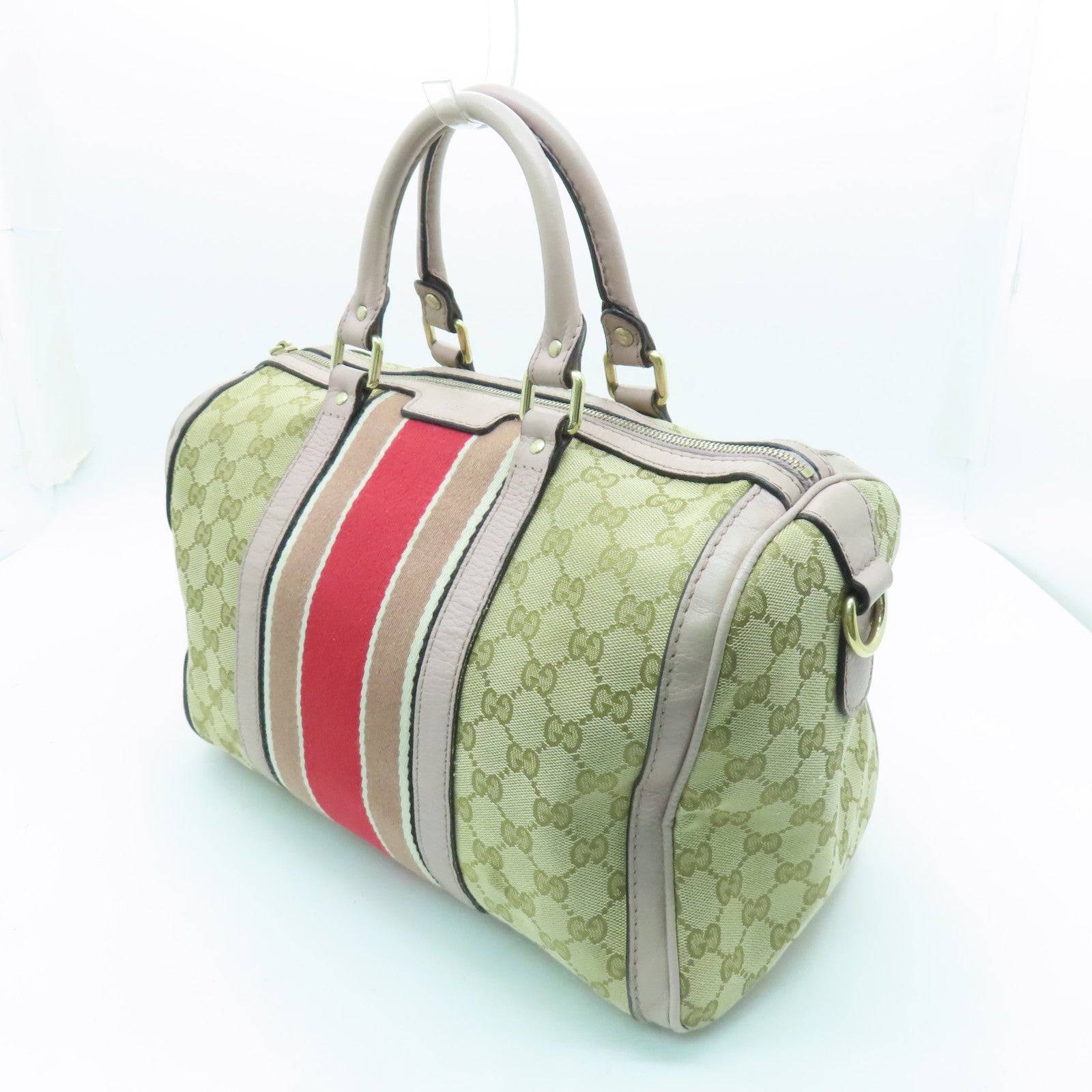 GUCCI 帆布Boston Bag金扣手挽袋米色/浅紫色