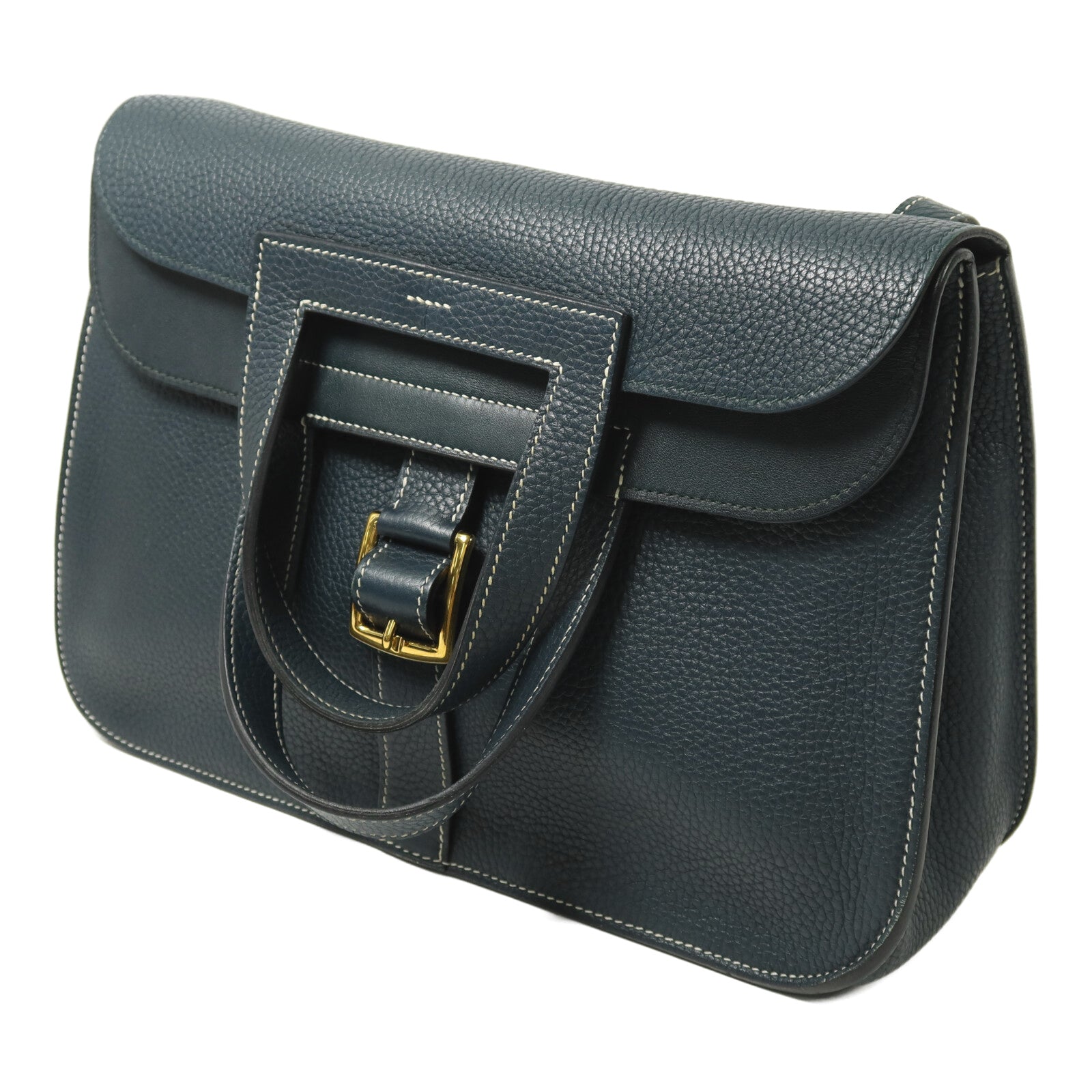 HERMES Clemence皮革Halzan 31金扣手挽肩背兩用袋Vert Cypres