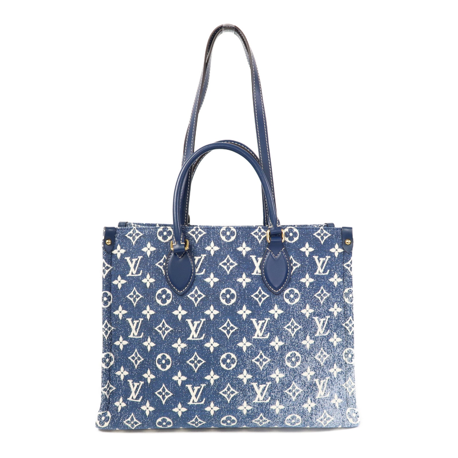LOUIS VUITTON Monogram Denim OnTheGo MM金扣手挽肩背兩用袋藍色