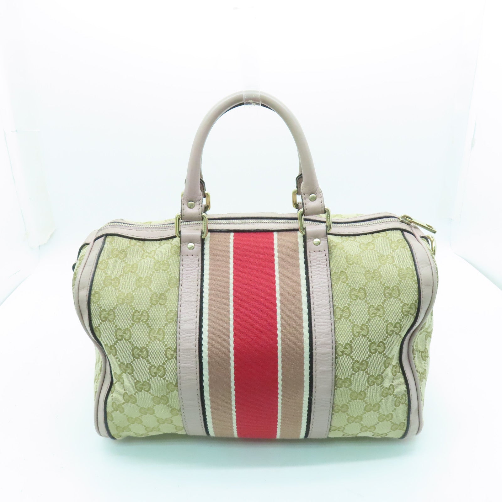 GUCCI 帆布Boston Bag金扣手挽袋米色/浅紫色