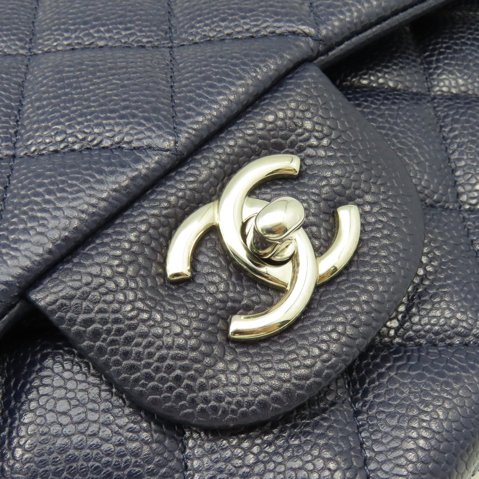 CHANEL 【清倉大減價】菱格Caviar皮革Jumbo Chain Shoulder Bag銀扣鏈帶肩背袋寶藍色