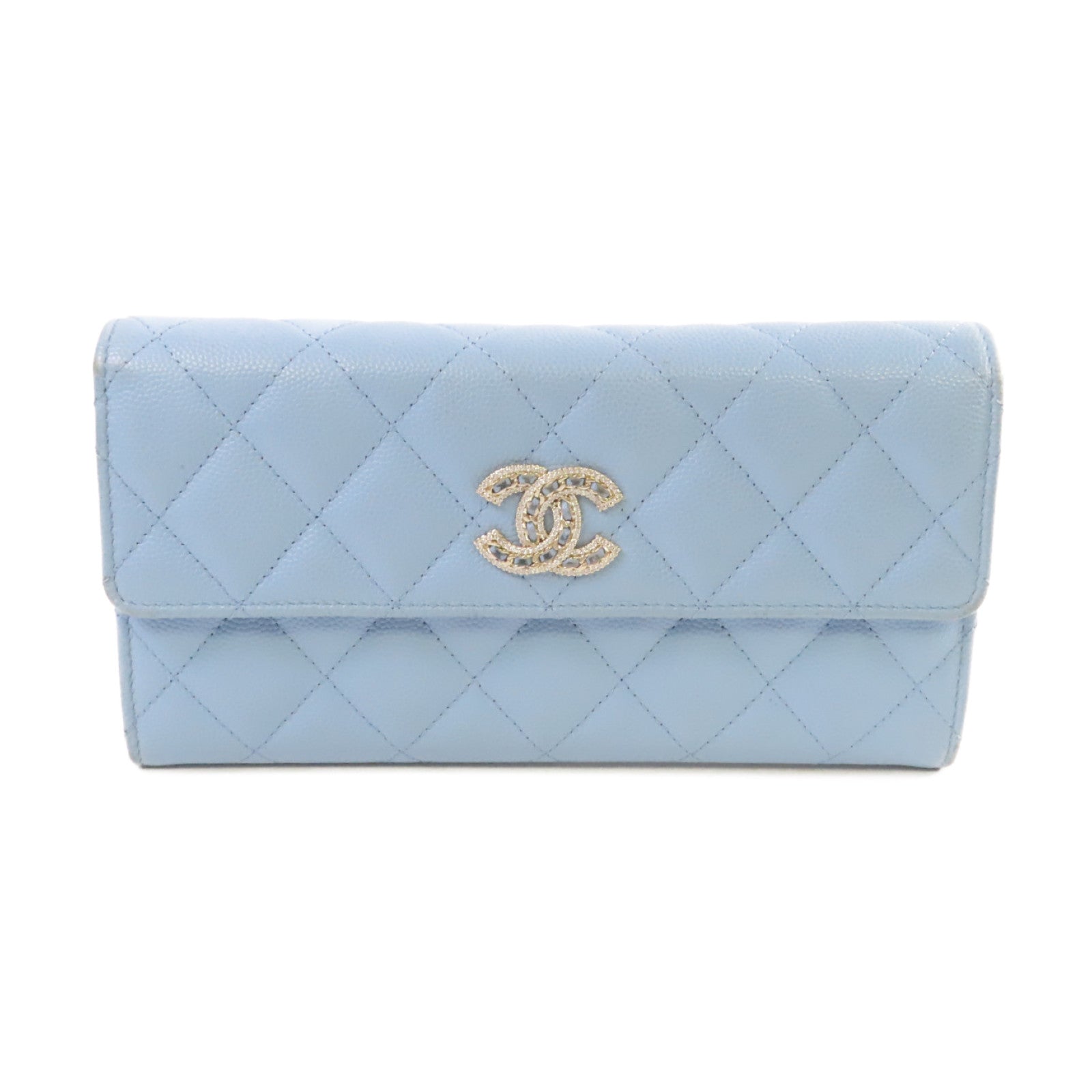 CHANEL 菱格Caviar皮革Long Wallet金扣長錢包淺藍色