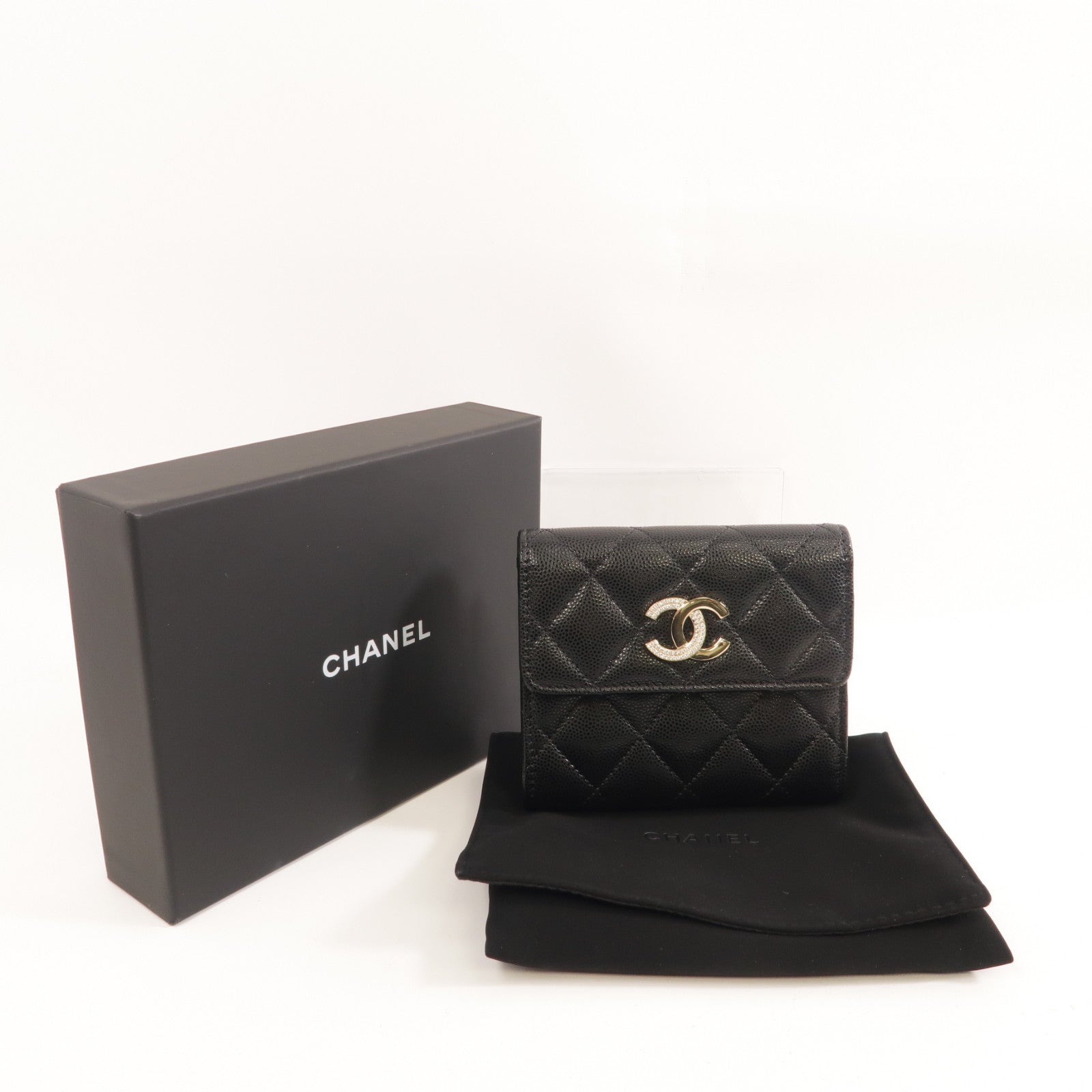 CHANEL 菱格牛皮皮革Wallet金扣錢包黑色