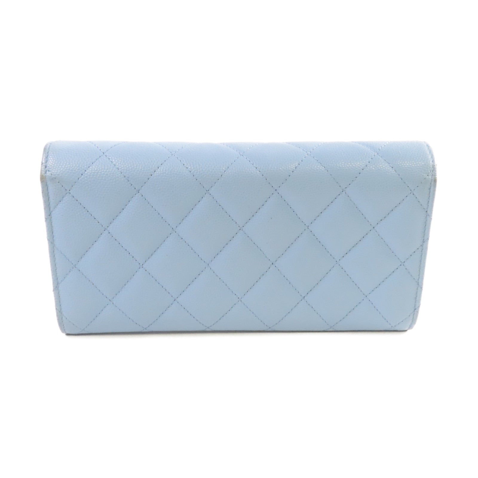 CHANEL 菱格Caviar皮革Long Wallet金扣長錢包淺藍色