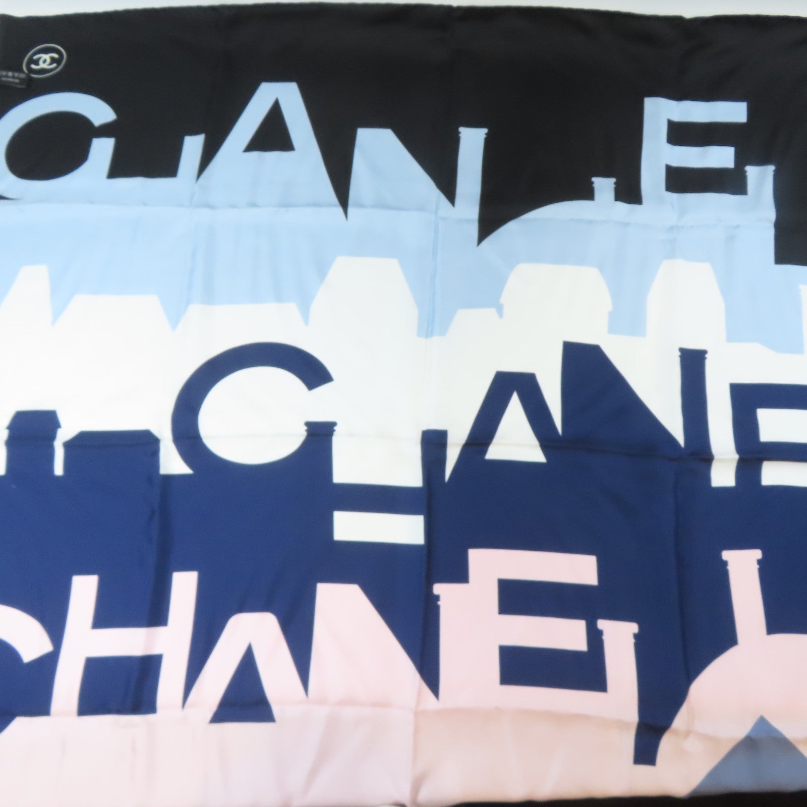 CHANEL 絲質Scarf 90x90cm絲巾藍色/白色/黑色
