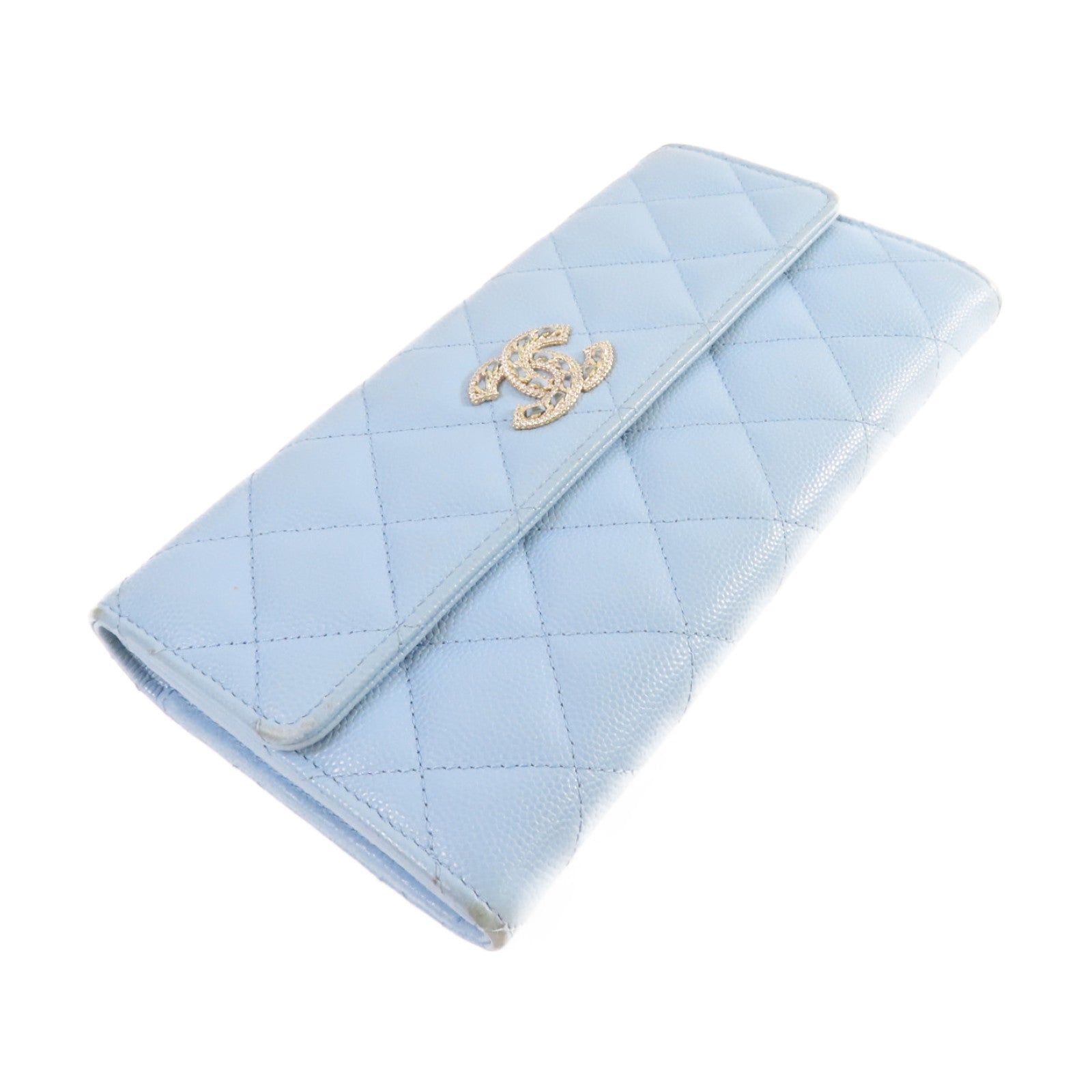 CHANEL 菱格Caviar皮革Long Wallet金扣長錢包淺藍色
