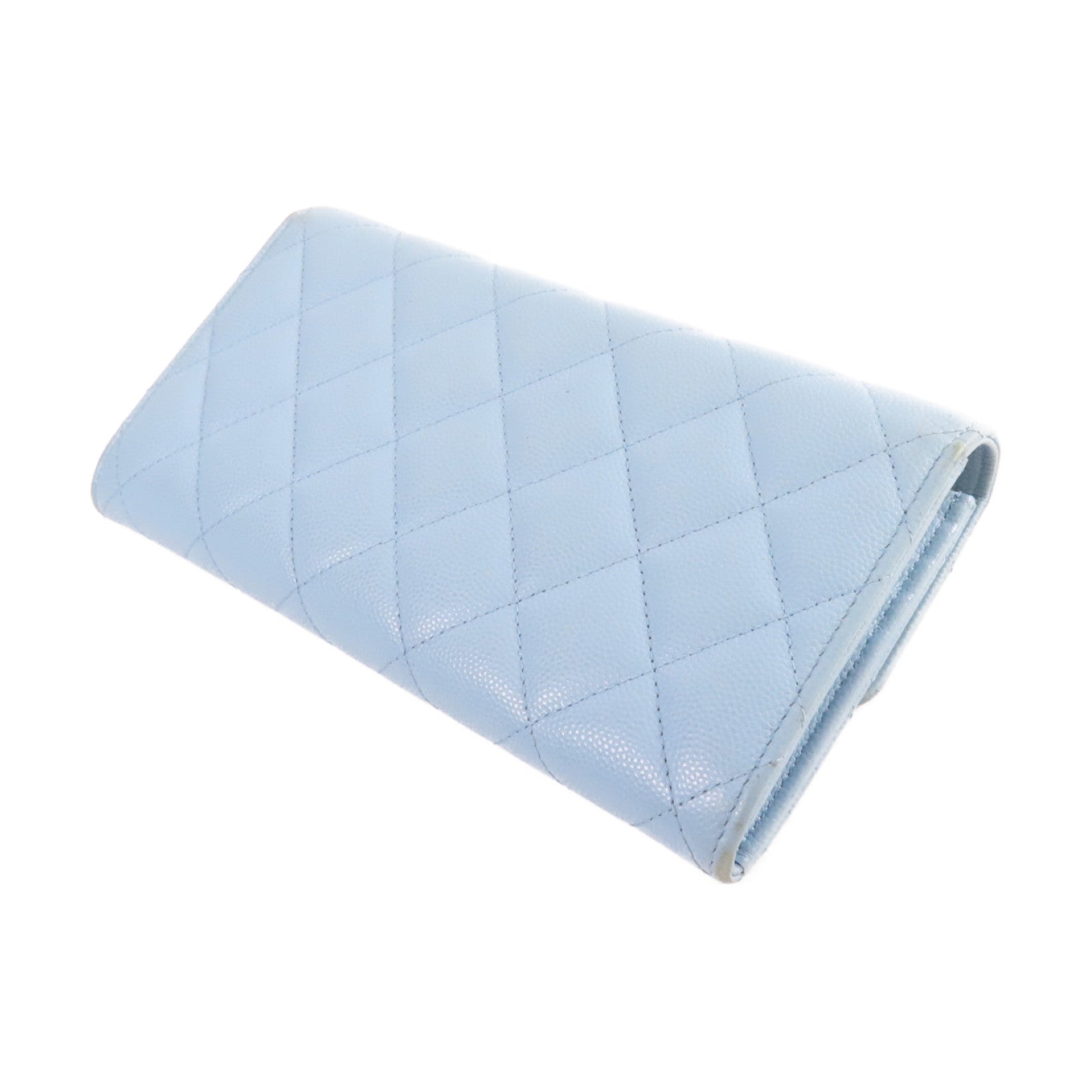 CHANEL 菱格Caviar皮革Long Wallet金扣長錢包淺藍色