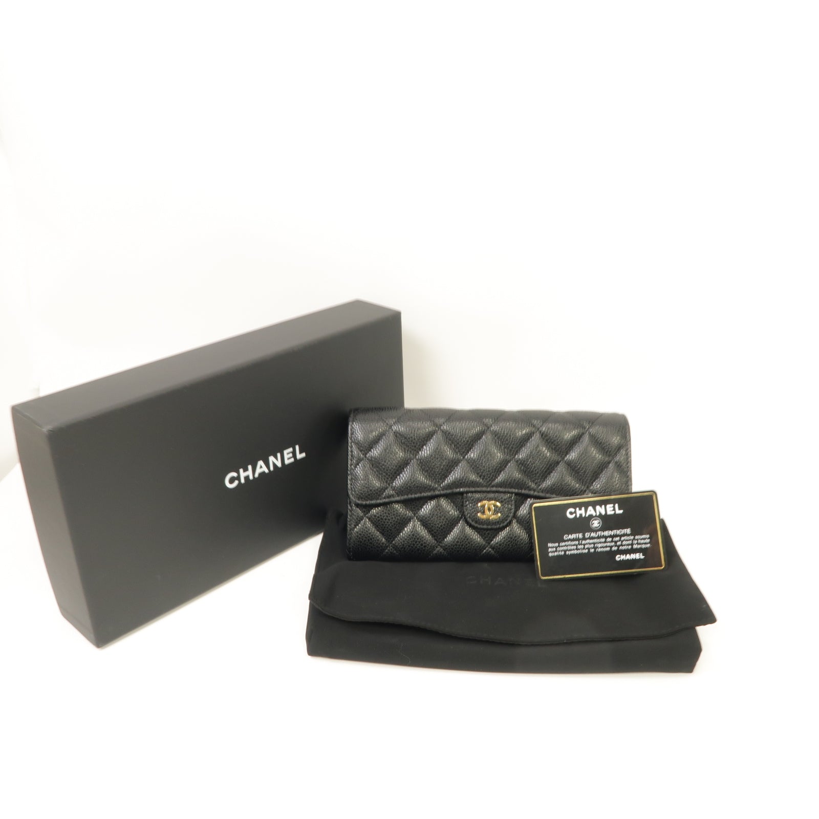 CHANEL 菱格Caviar皮革Long Wallet金扣長錢包黑色