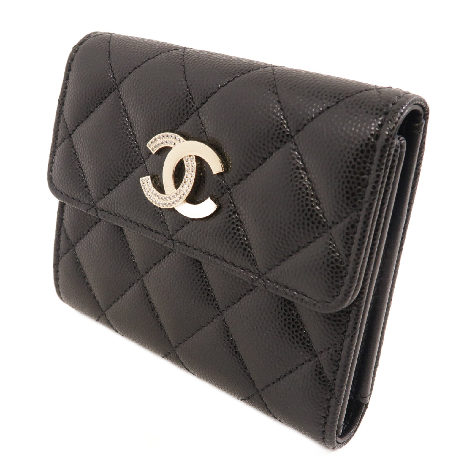 CHANEL 菱格牛皮皮革Wallet金扣錢包黑色