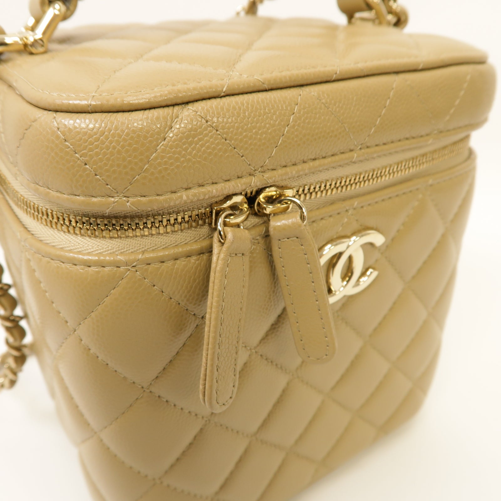 CHANEL 【激減優惠】菱格Caviar皮革Vanity Case With Chain金扣手挽肩背兩用袋米色