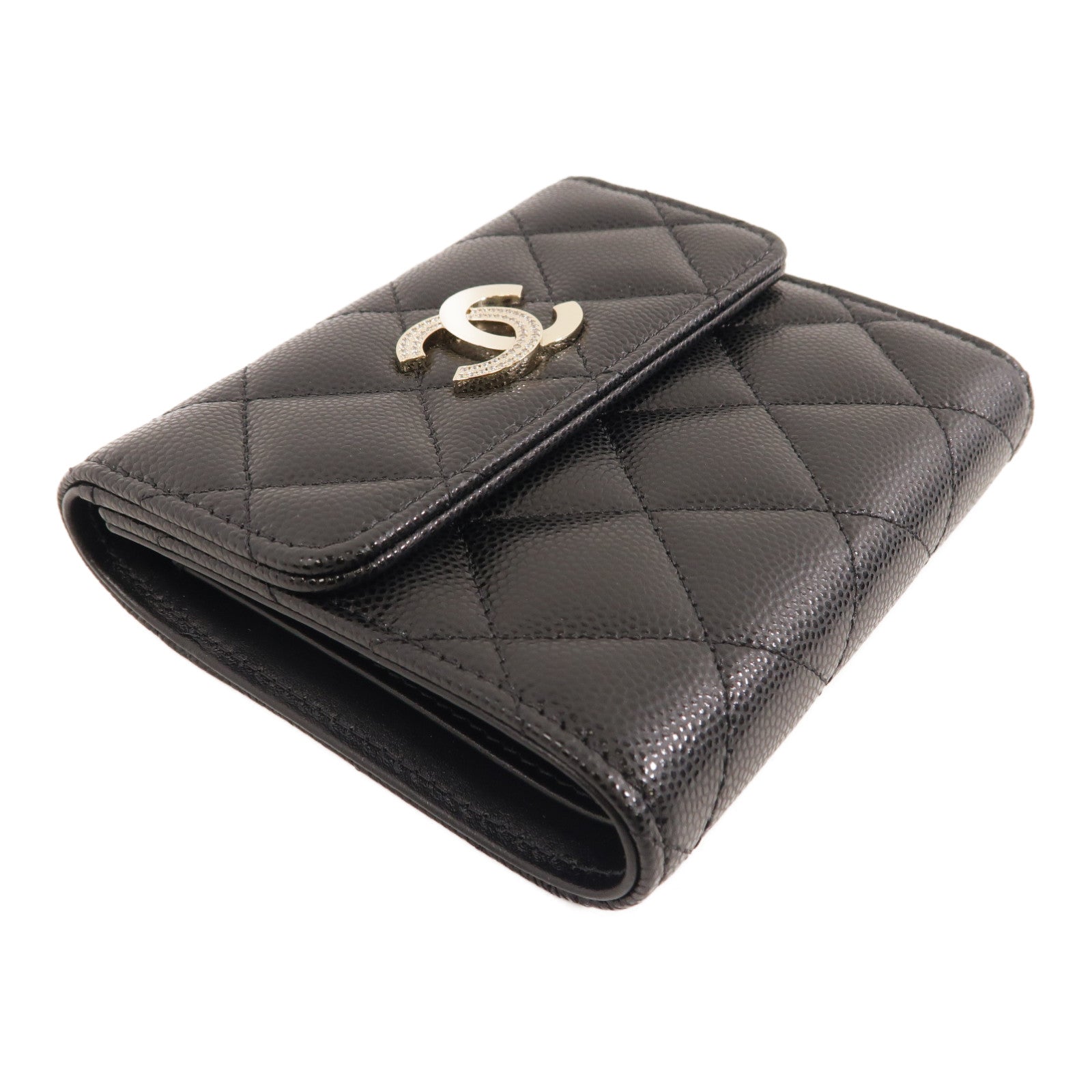 CHANEL 菱格牛皮皮革Wallet金扣錢包黑色