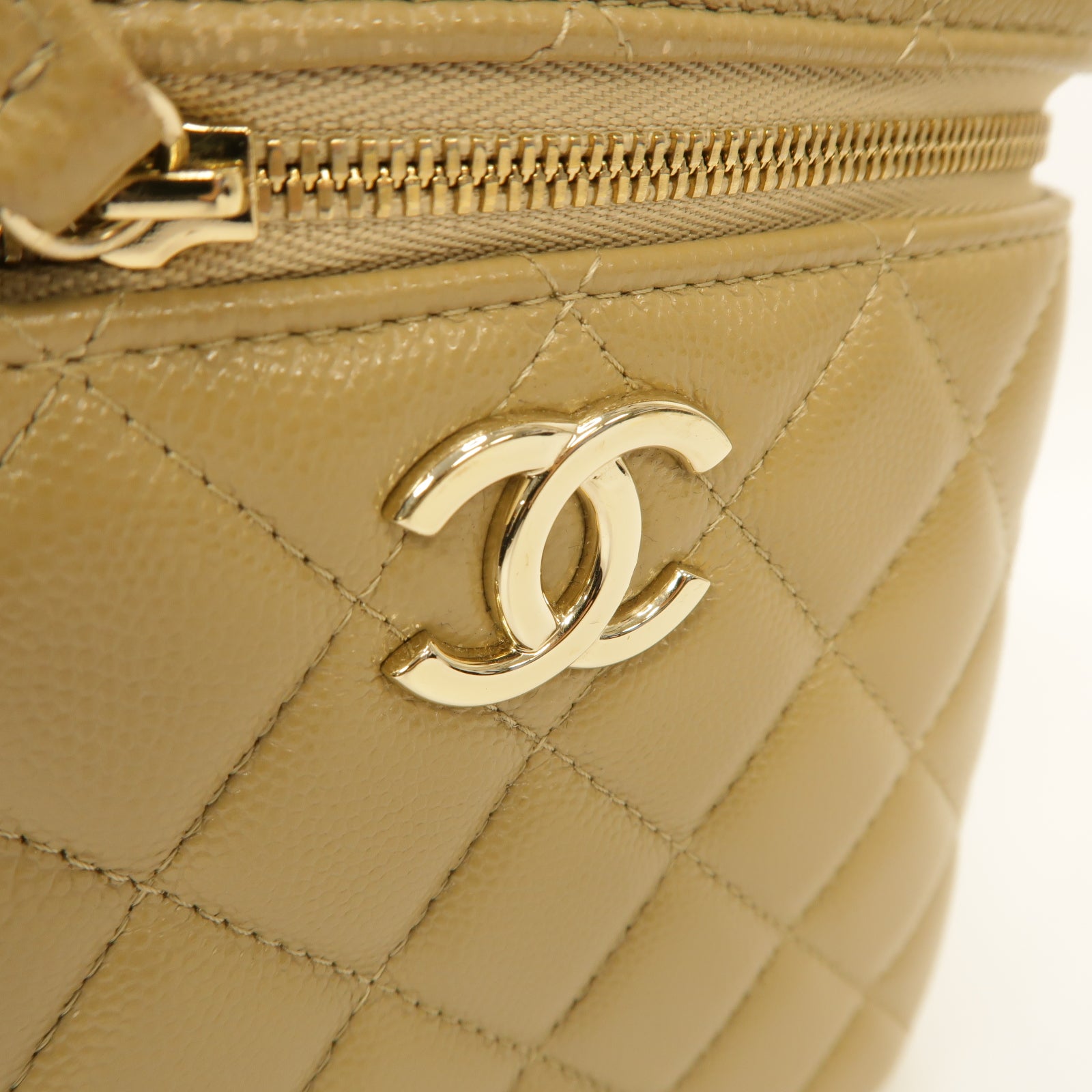 CHANEL 【激減優惠】菱格Caviar皮革Vanity Case With Chain金扣手挽肩背兩用袋米色
