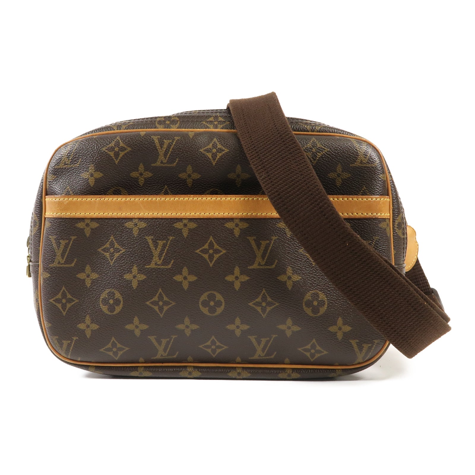 LOUIS VUITTON Monogram Reporter PM金扣肩背袋棕色