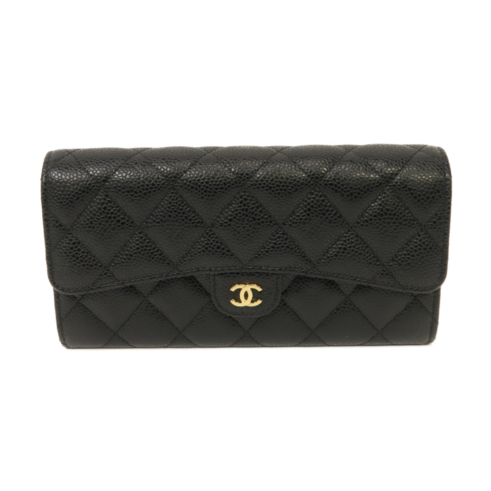 CHANEL 菱格Caviar皮革Long Wallet金扣長錢包黑色