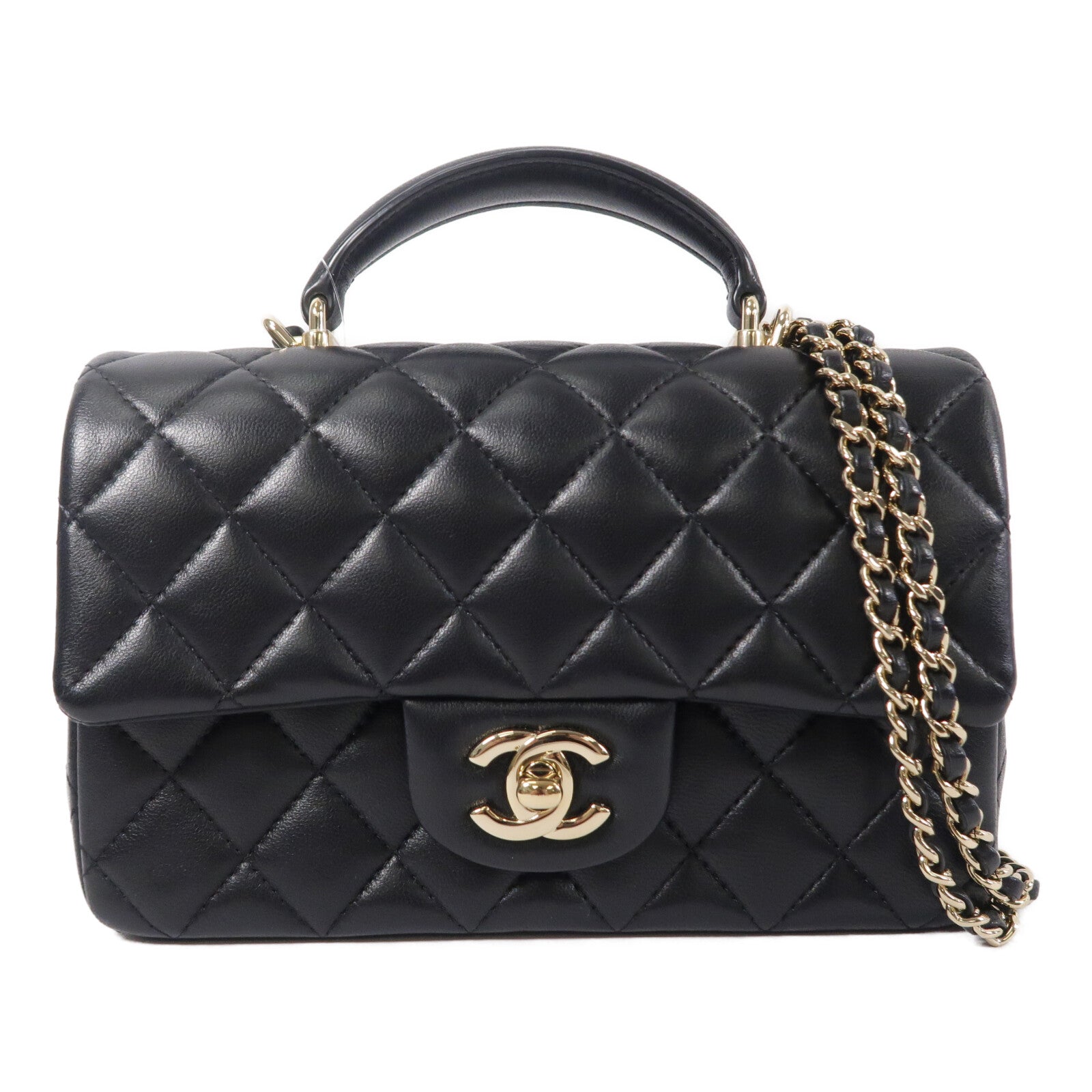 CHANEL 羊皮皮革Handle Flap 20cm鏈帶手挽肩背兩用袋