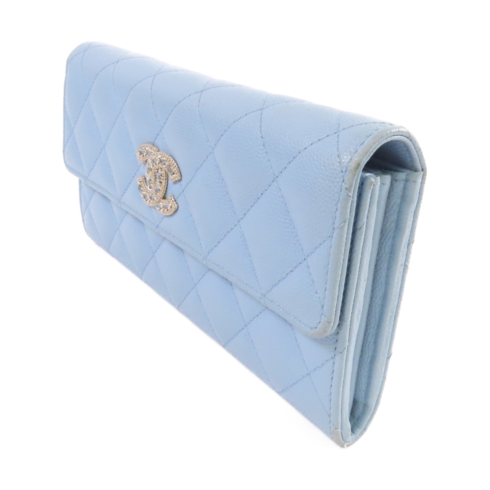 CHANEL 菱格Caviar皮革Long Wallet金扣長錢包淺藍色