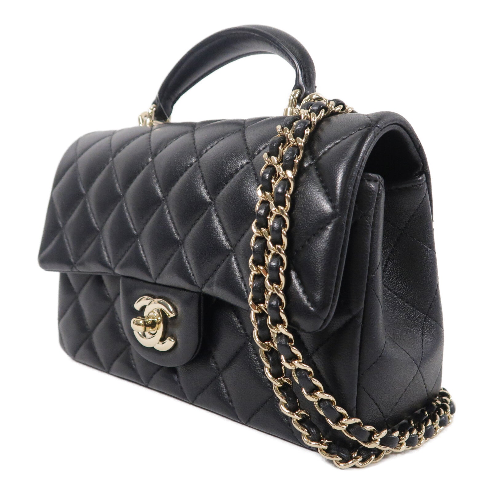 CHANEL 羊皮皮革Handle Flap 20cm鏈帶手挽肩背兩用袋